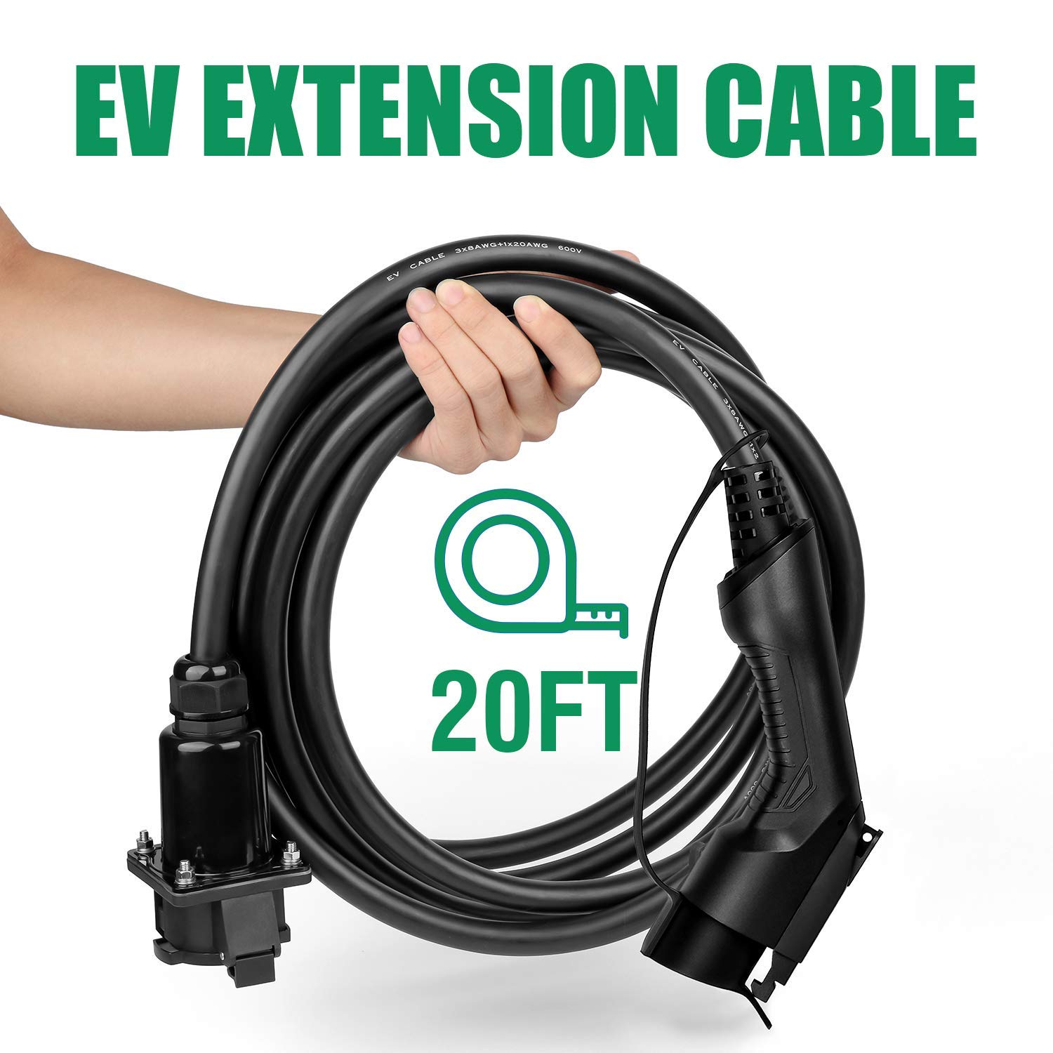 32A 20 Feet J1772 EV Charger Extension Cord - Heavy Duty Electric Vehicle Charging Cable for Tesla, Nissan Leaf, Chevy Volt (Outdoor/Home/Garage Use)