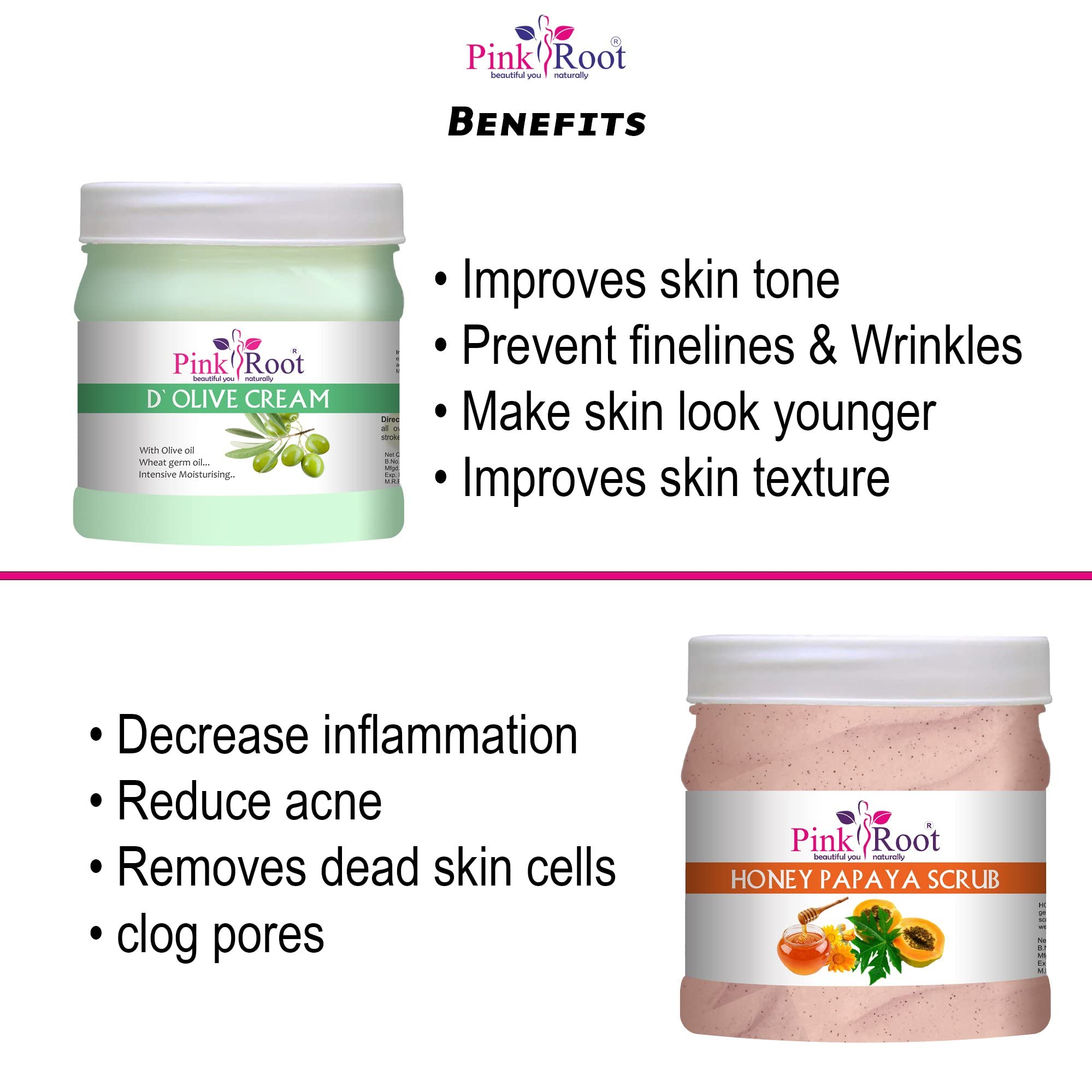 Pink Root D Olive Cream 500ML with Honey Papaya Scrub 500ml - Natural Skincare Set for Hydration & Exfoliation - Perfect for Dry Skin Care & Body Treatment