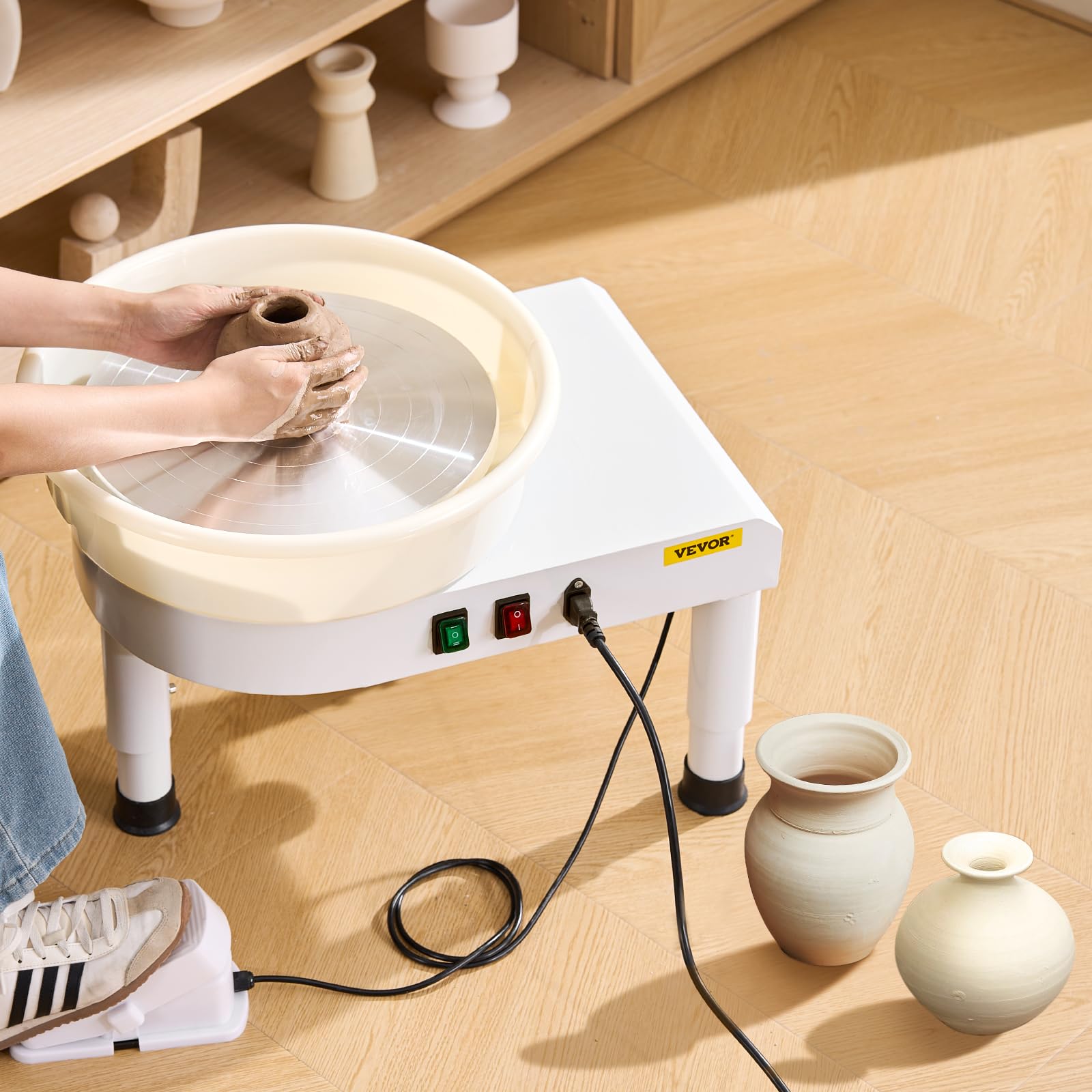 VEVOR 14 Inch 35cm Pottery Wheel for Adults & Beginners - 450W Professional Ceramic Clay Art Kit with Adjustable Lift Table, Foot Pedal & Detachable Basin - Perfect for Home Studio, DIY Crafts & Classroom Use - White