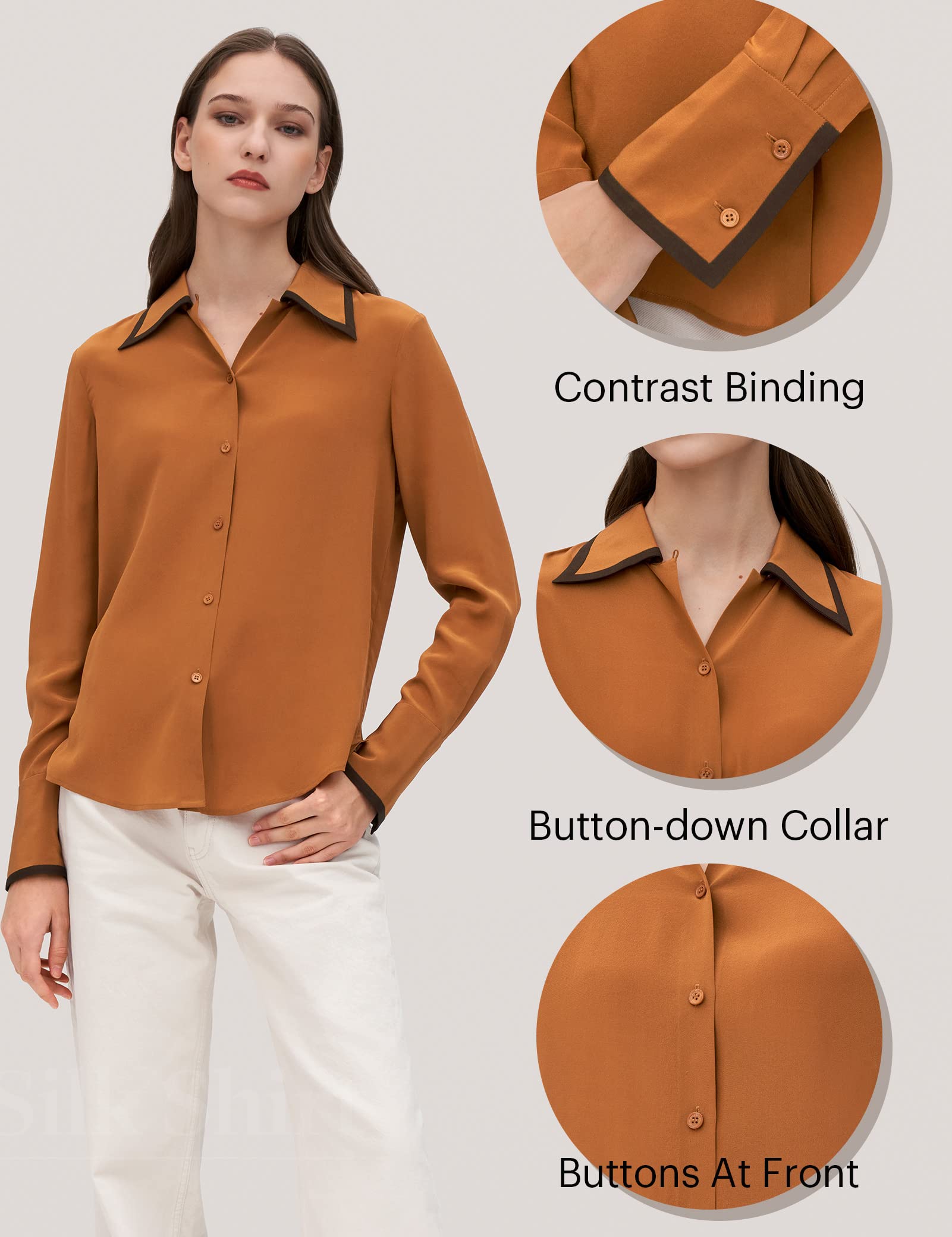 Luxury LilySilk Silk Blouse for Women - Elegant Contrast Piping Willow Shirt Tops | Perfect for Office Wear, Date Night & Special Occasions