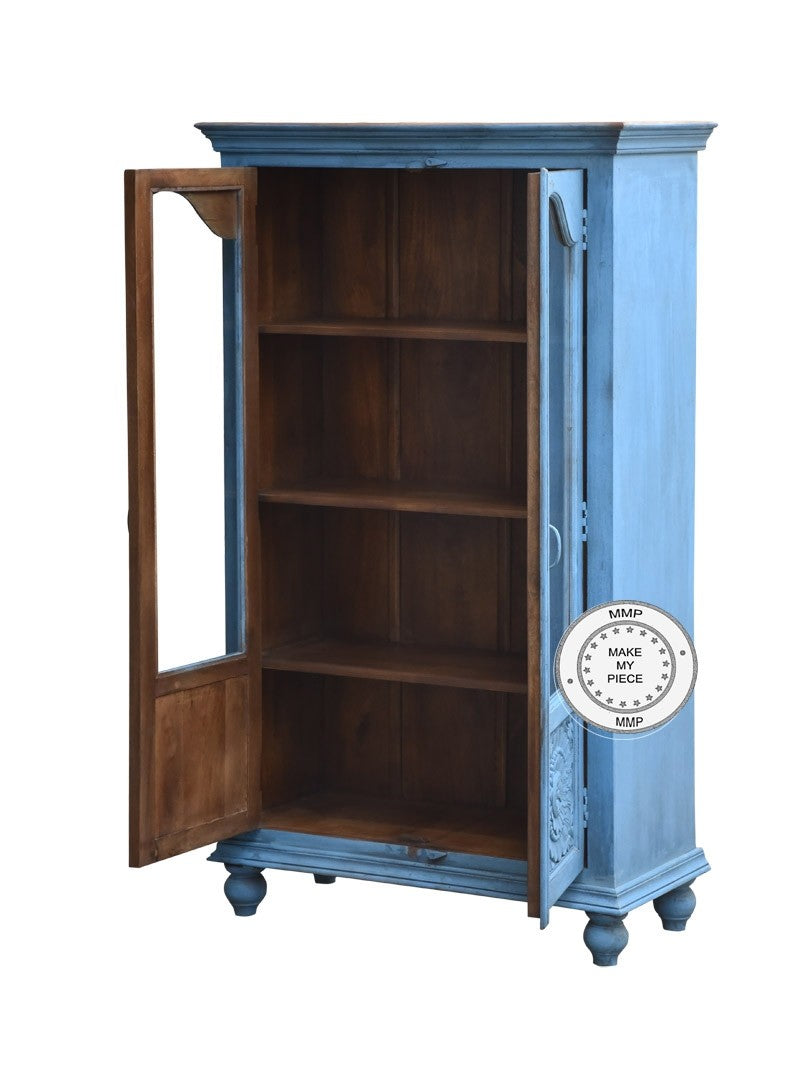 Hand Carved Floral Indian Wooden Bookshelf Cabinet in Blue - Perfect for Home Decor, Living Room Storage & Boho Style Interiors