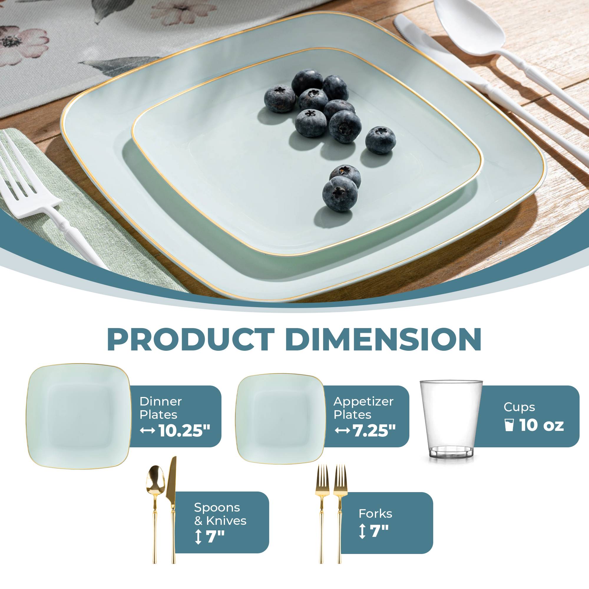 Turquoise and Gold Plastic Party Bundle - Classic Square Plates, Cups, and Napkins for Birthday, Wedding, and Holiday Celebrations