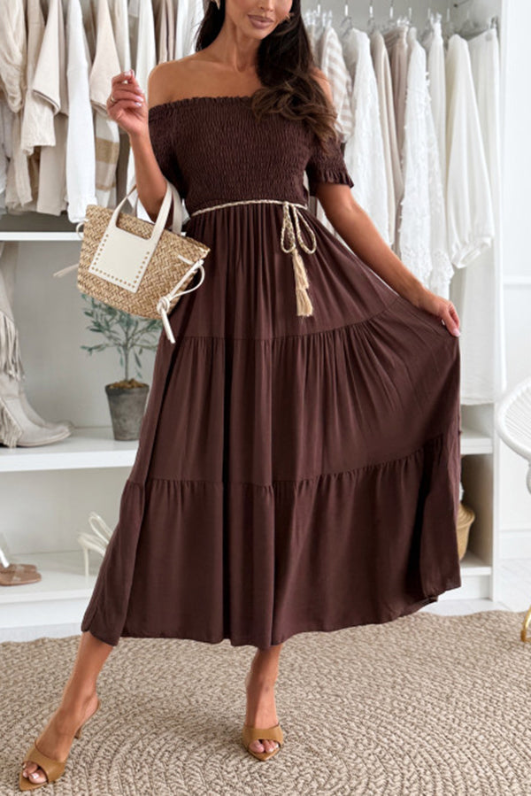 Elegant Solid Color Off-the-Shoulder Pleated Waist Midi Dress for Women - Perfect for Summer Parties, Beach Vacations & Date Nights