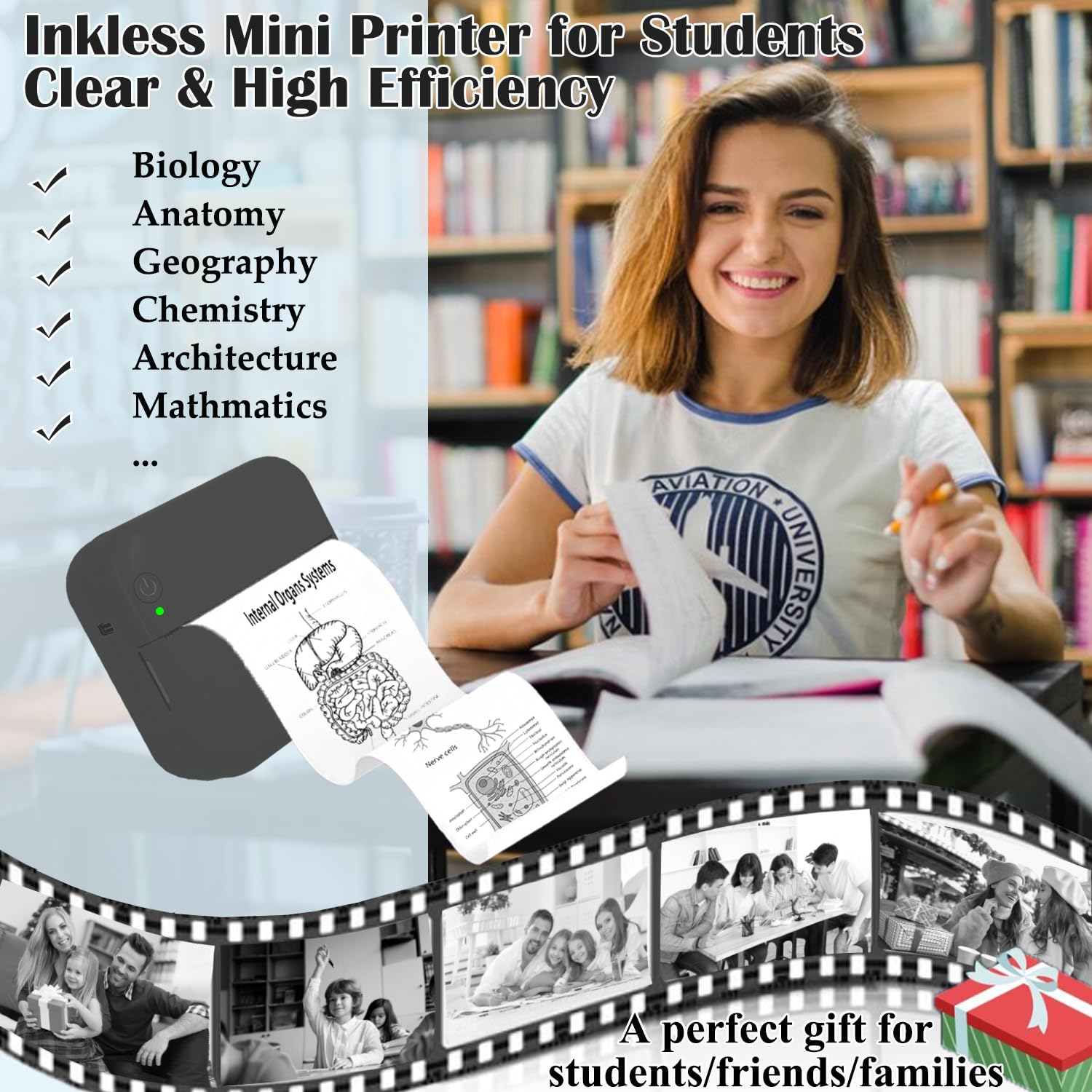 Mini Thermal Inkless Sticker Printer with 14 Rolls Paper - Wireless Portable Pocket Printer for iPhone, Android, Tablet - Print Photos, Stickers, Labels & Notes - Perfect for Home, Office, School & Travel (Black)