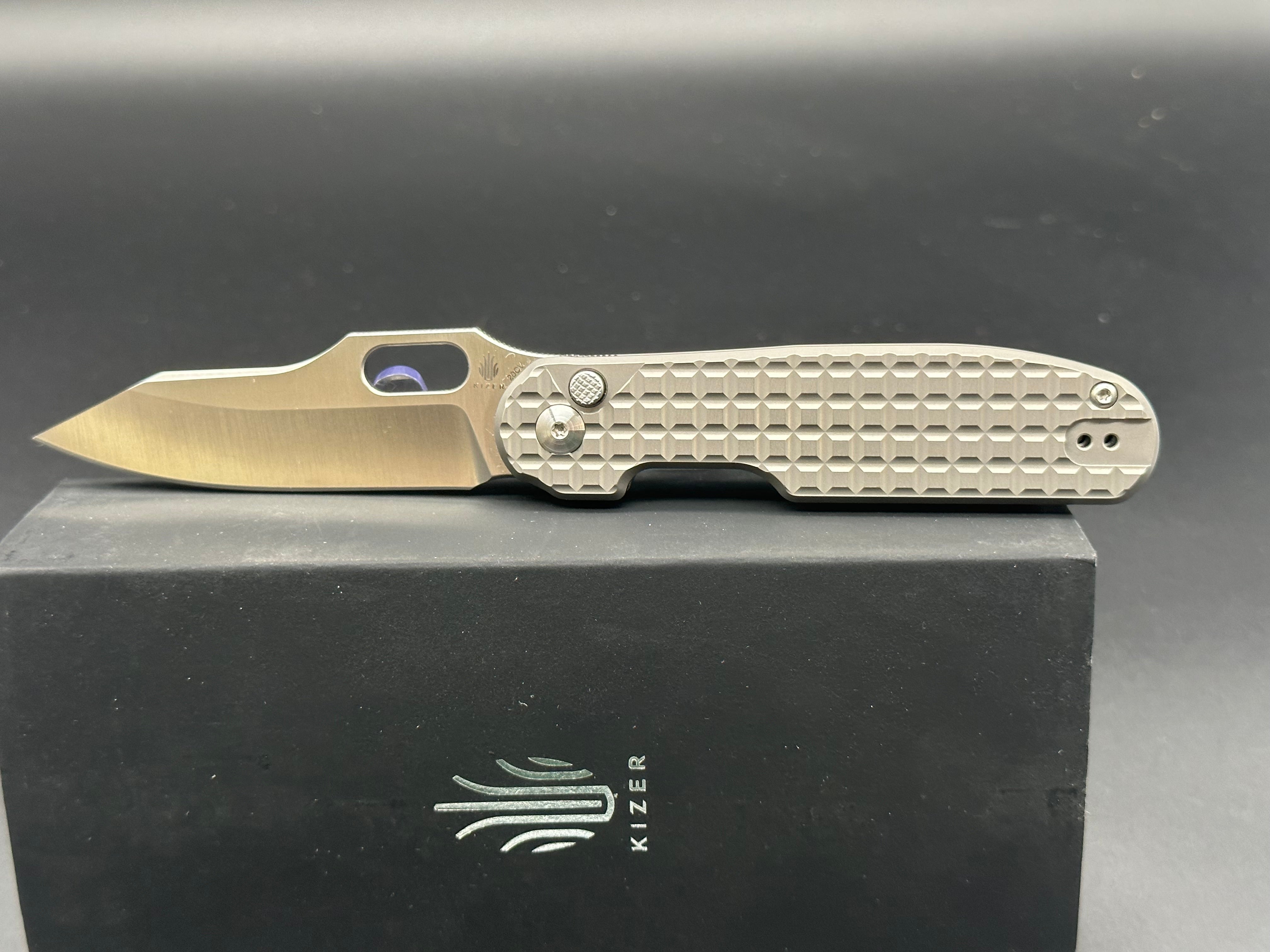 Kizer Cormorant Textured Titanium Button Lock Folding Knife - 20CV Steel Blade, EDC Pocket Knife for Outdoor, Camping, and Everyday Carry