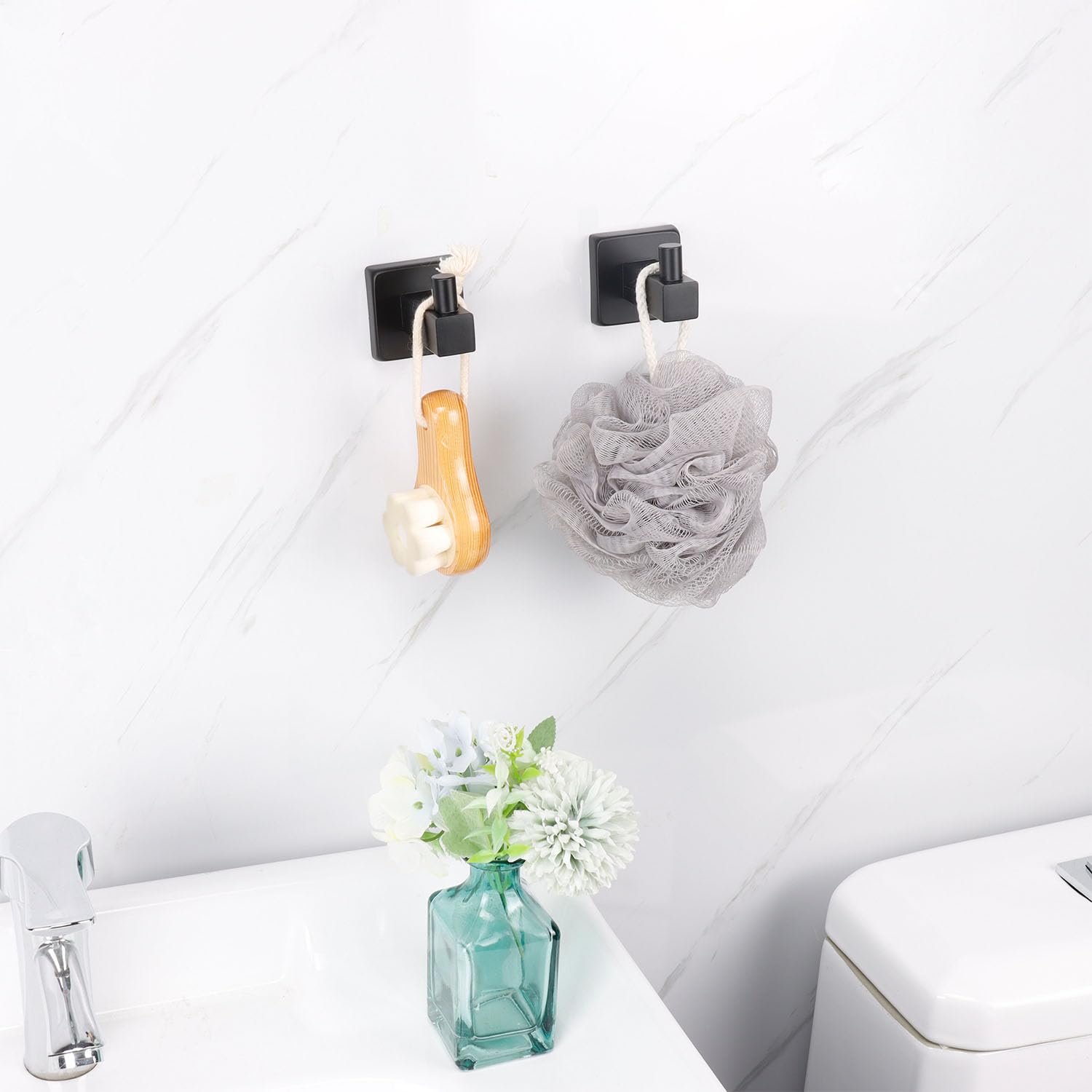 TocTen 2 Pack Square Bathroom Hooks - 304 Stainless Steel Rustproof Wall Mounted Hooks for Robe, Towel, Coat & Clothes - Heavy Duty Hangers for Bathroom, Kitchen, Back Door & Wardrobe (Black) - Perfect for Organizing Small Spaces & Maximizing Storage