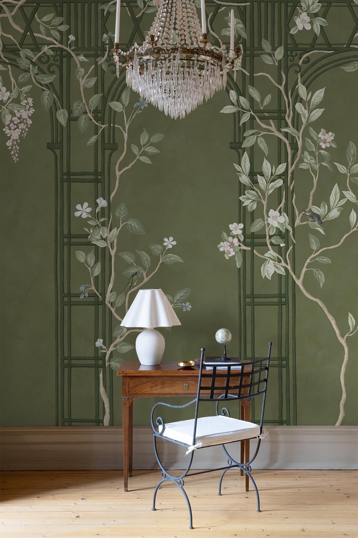 Chinoiserie Arches Dark Green Wallpaper - Elegant Botanical Peel and Stick Wall Mural for Living Room, Bedroom & Home Decor | Perfect for Accent Walls, Feature Walls & DIY Home Improvement