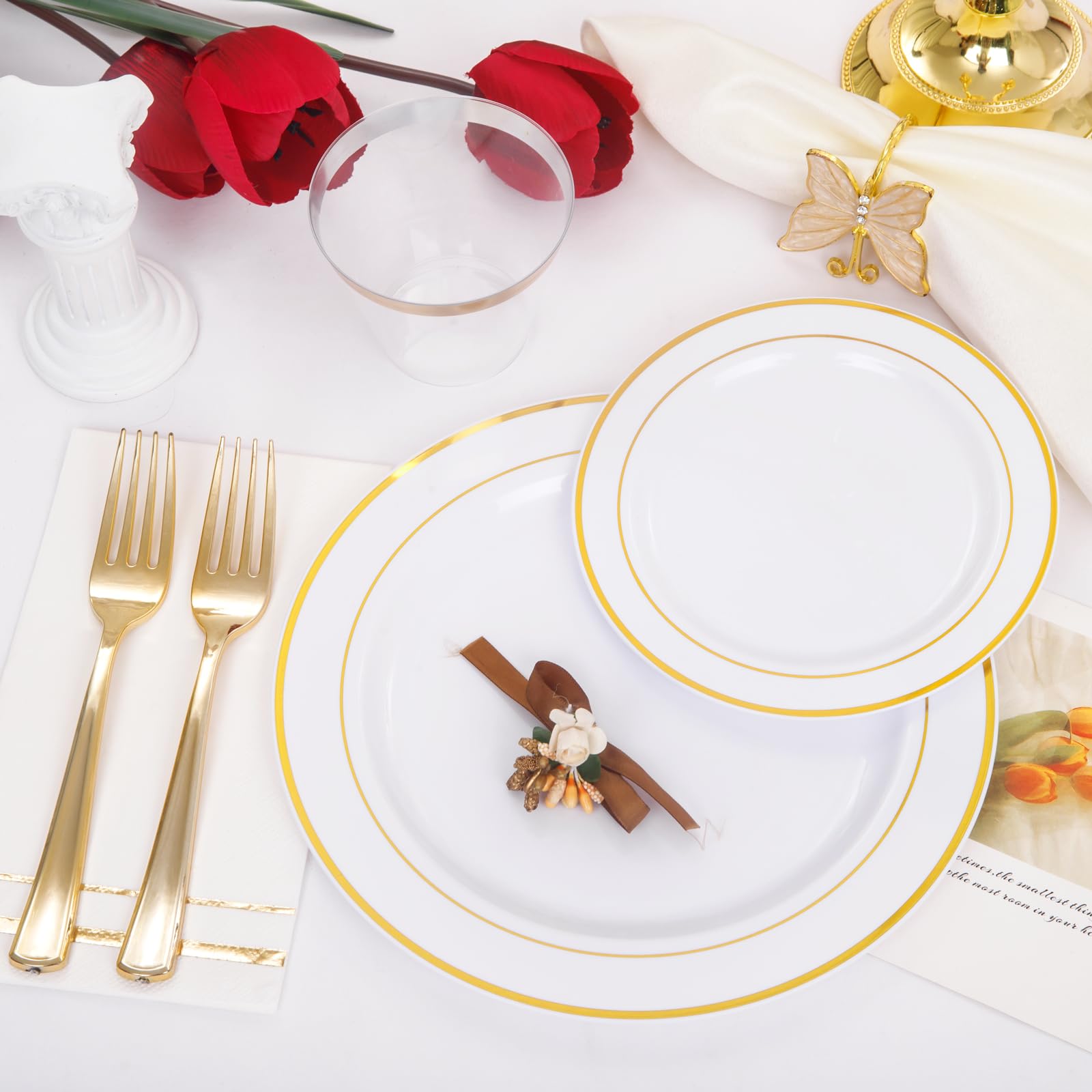 350-Piece Gold Plastic Dinnerware Set - 50 Gold Dinner Plates, 50 Salad Plates, 150 Silverware, 50 Napkins & 50 Cups - Disposable Party Tableware for Weddings, Birthdays & Special Events - Elegant & Convenient for Large Gatherings