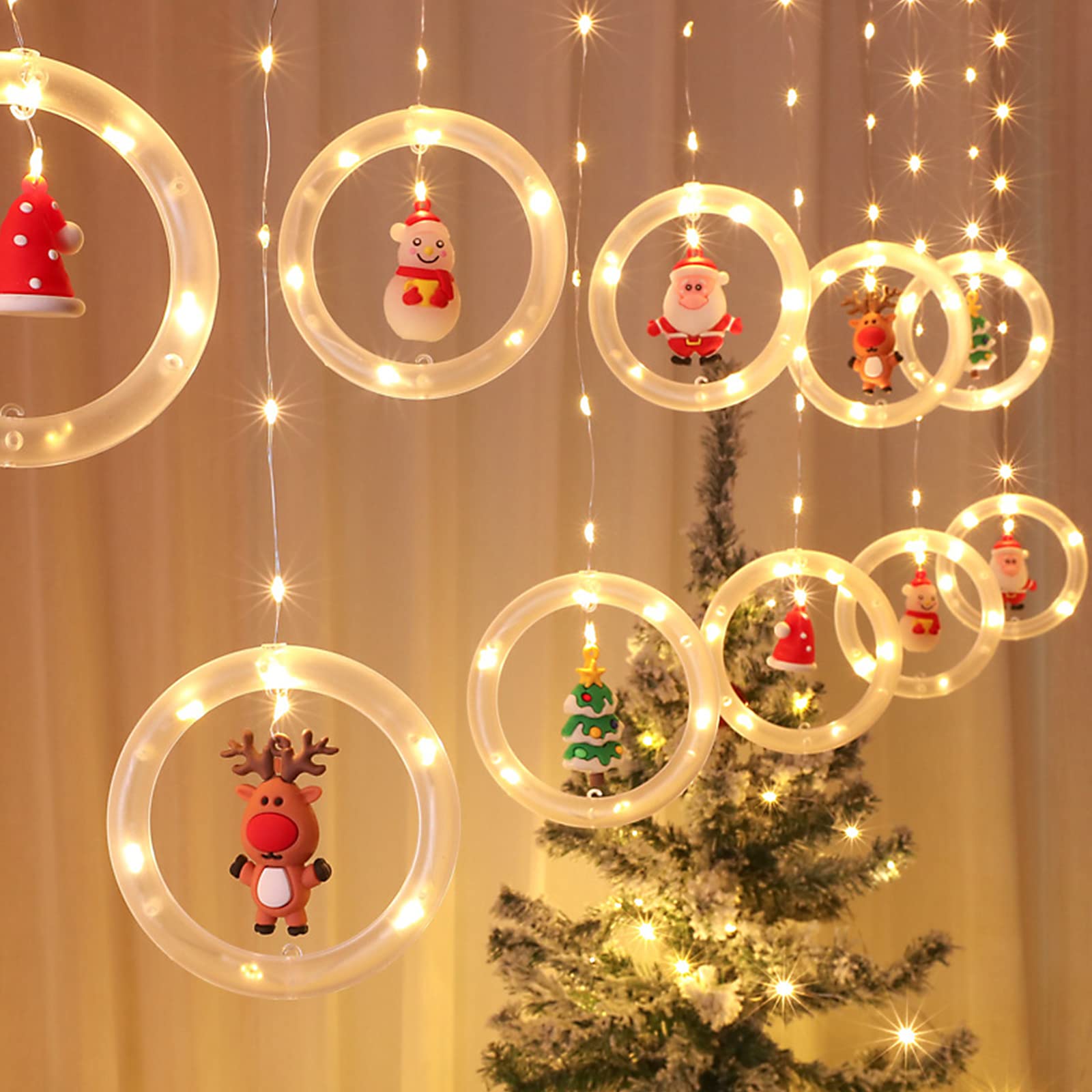 3D LED Christmas Ring String Lights - USB Powered Hanging Curtain Lights for Window, Wall, Patio - Indoor & Outdoor Holiday Decor for Xmas, Bedroom, Party, Wedding, Garden