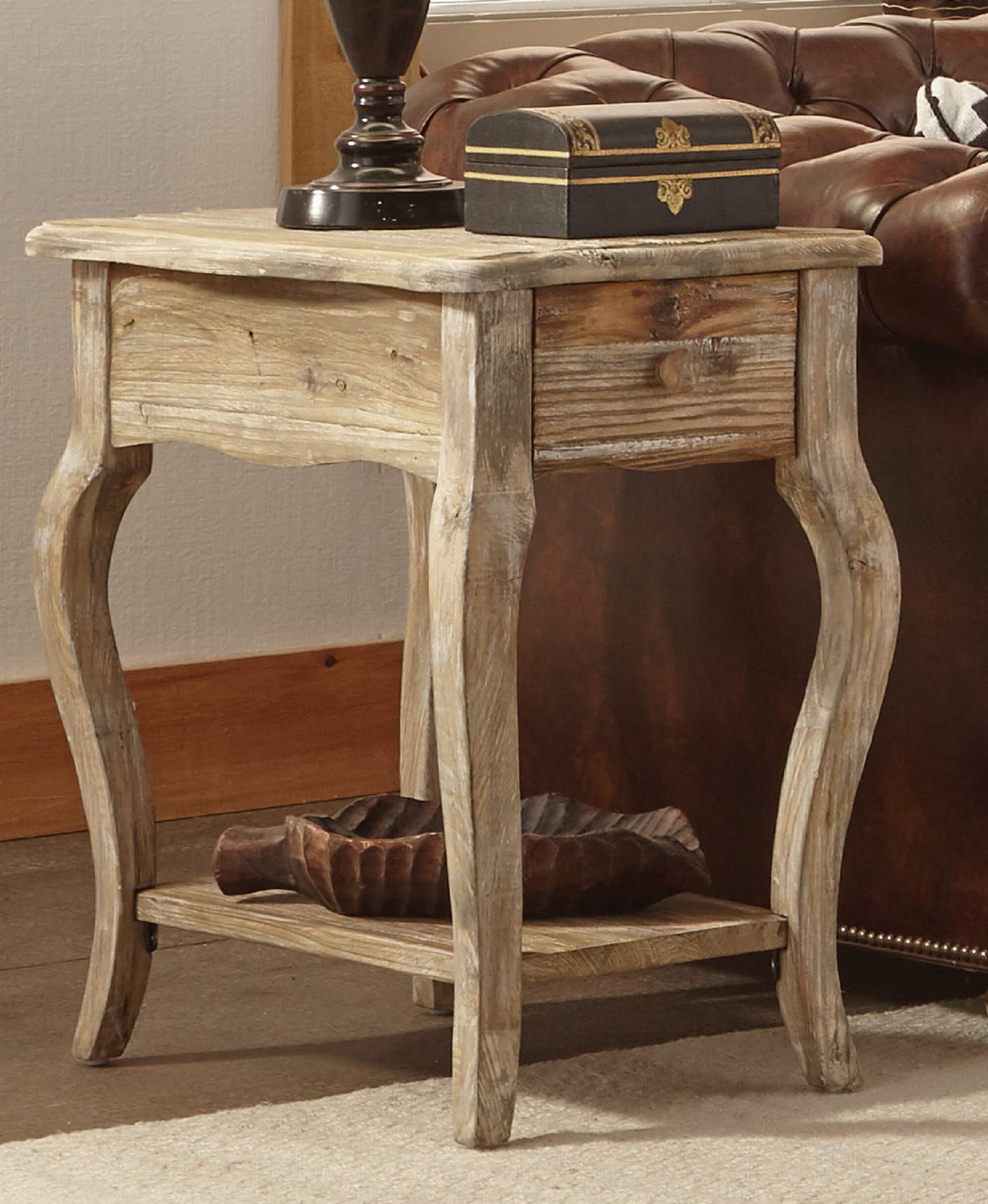 Alaterre Austerity Rustic Solid Wood End Table with Queen Anne Legs, Drawer & Shelf - 20x23x24 Inch Driftwood Finish Nightstand for Living Room, Bedroom & Office Décor