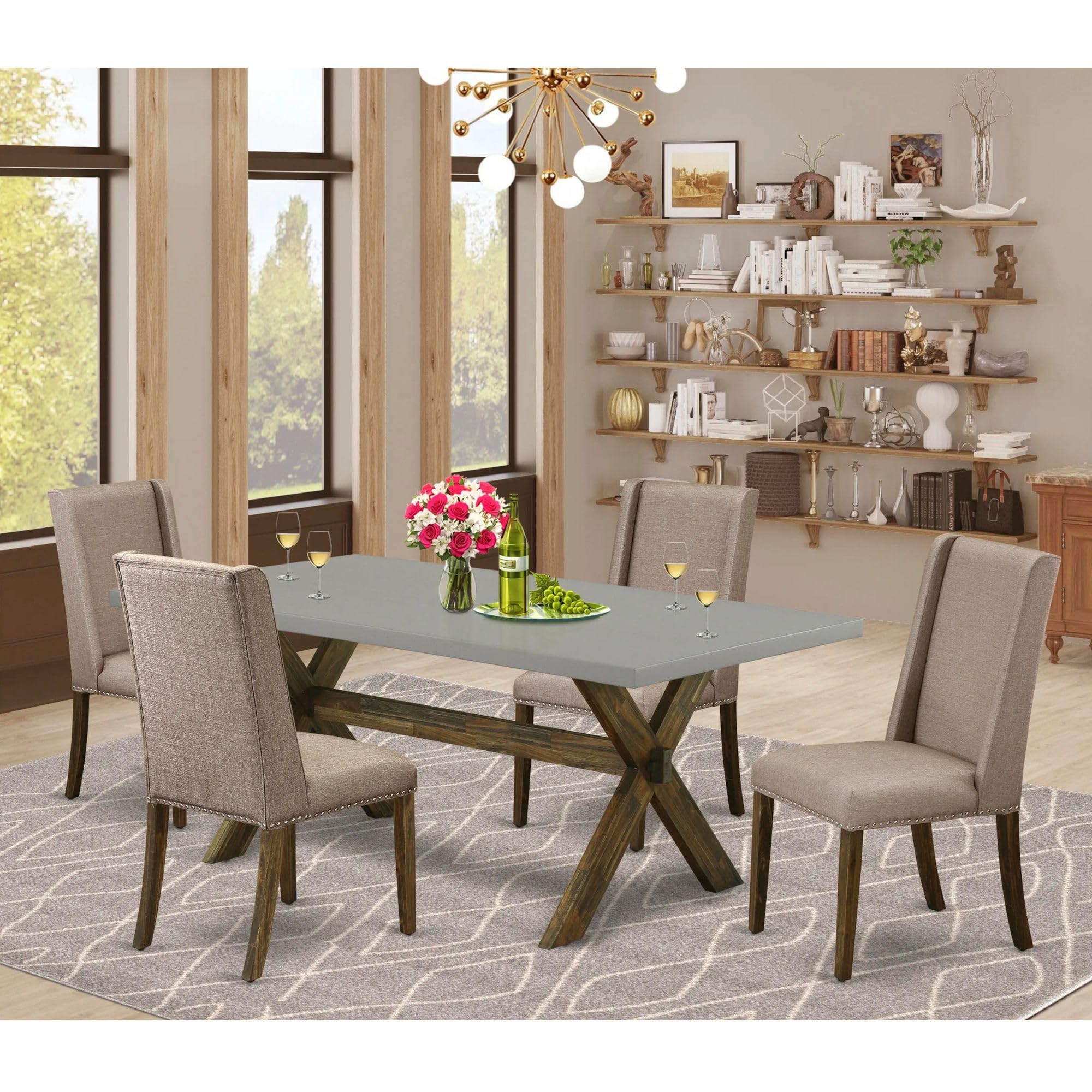 East West Furniture X797FL716-5 5-Piece Dining Room Set - 40x72 Inch Rectangle Kitchen Table with X-Legs & 4 Dark Khaki Linen Fabric Chairs - Perfect for Small Spaces, Breakfast Nooks & Cozy Family Meals