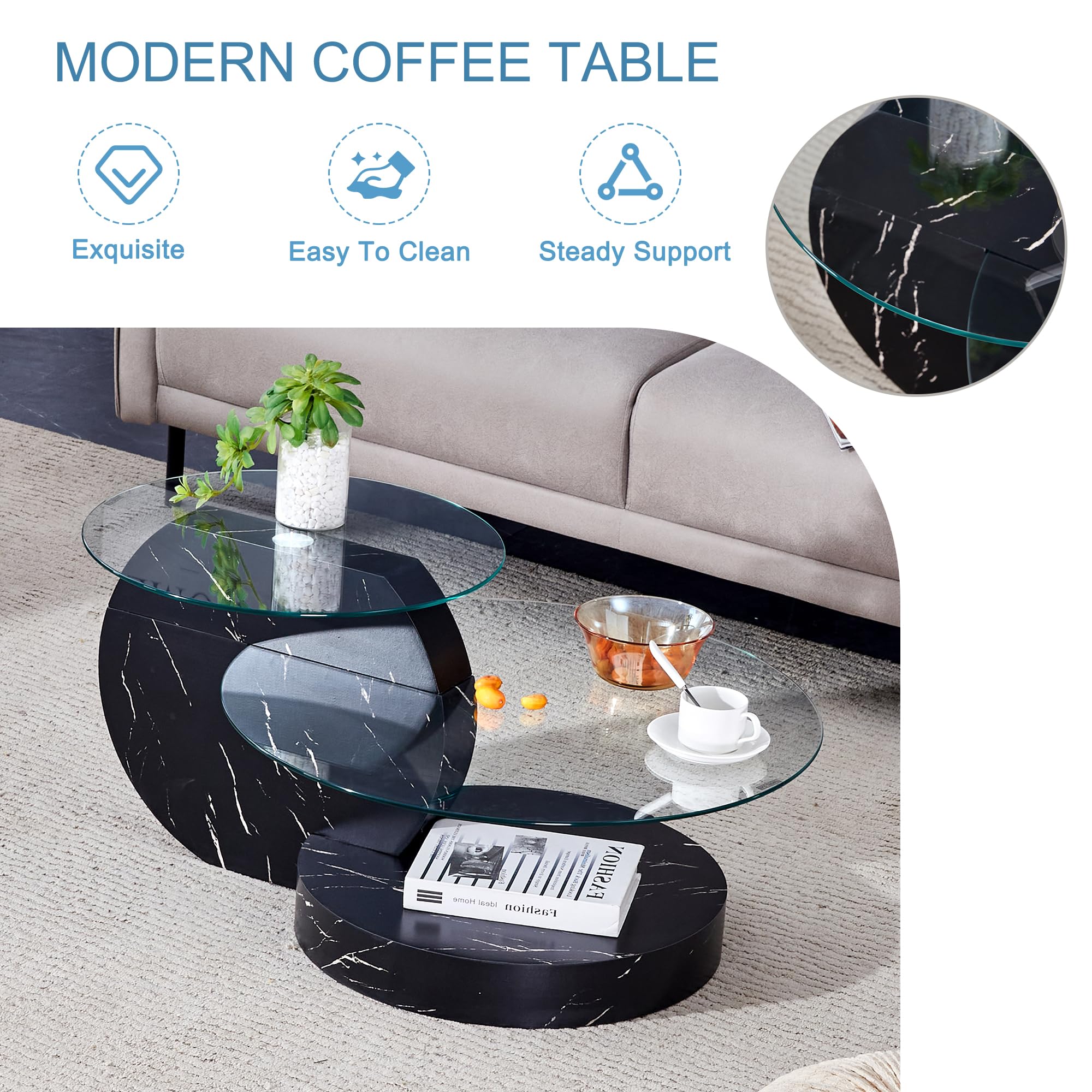 Modern Round Glass Coffee Table - 35.4 Inch Double Layer Black Circle Table for Living Room, Small Space & Home Office | Perfect for Entertaining Guests & Relaxing with Coffee