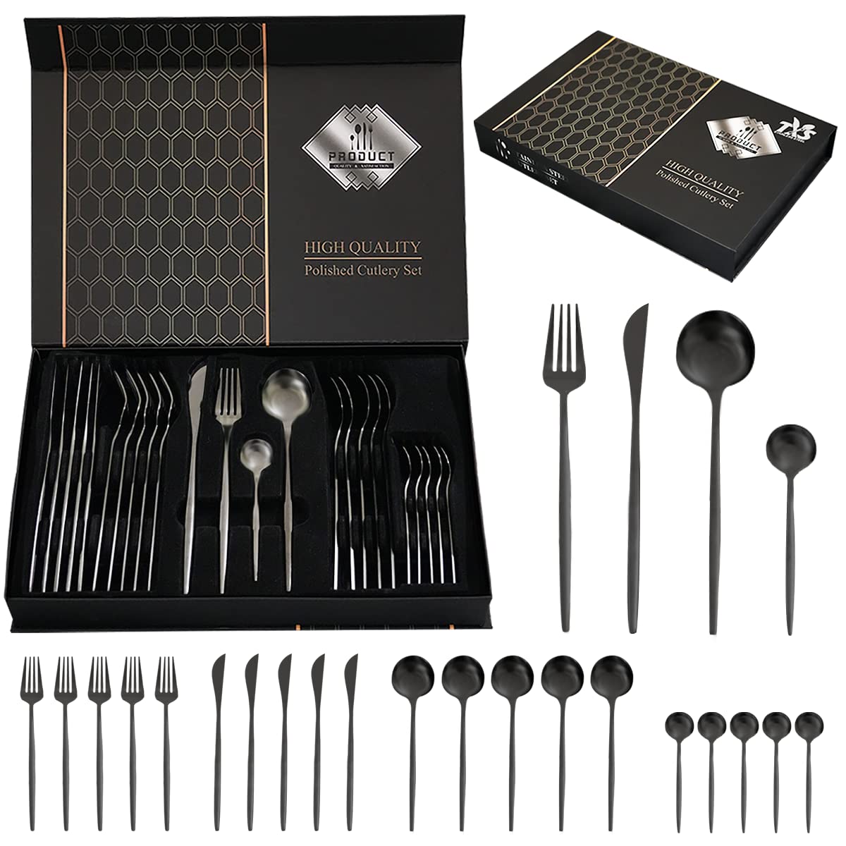 24-Piece Stainless Steel Flatware Set for 6 - Mirror Polished Black Silverware Cutlery with Knives, Forks & Spoons - Dishwasher Safe for Home, Kitchen, Restaurant, Hotel & Wedding - Perfect for Everyday Dining, Dinner Parties & Special Occasions