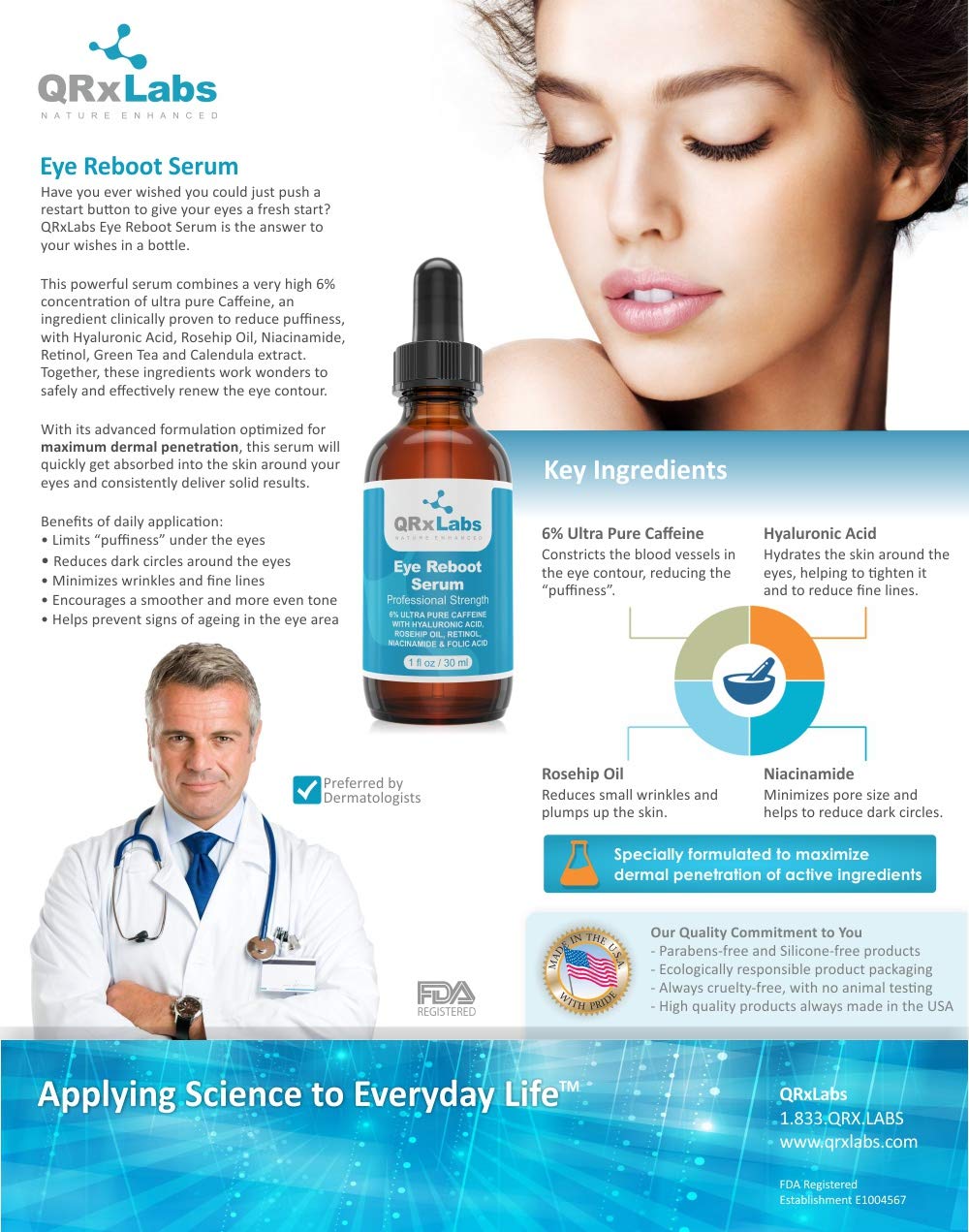 **6% Caffeine Eye Serum with Hyaluronic Acid, Rosehip Oil & Retinol - Dark Circle & Puffiness Treatment for Wrinkles, Fine Lines & Crow's Feet - 1 oz / 30 ml - Perfect for Morning & Night Skincare Routine**
