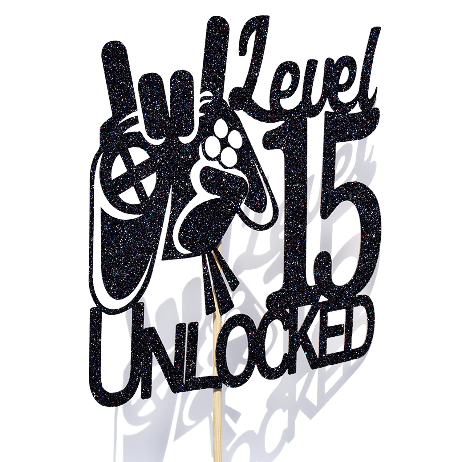 15th Birthday Cake Topper - Video Game Level 15 Unlocked Black Glitter Decoration for Boys | Level Up Winner Party Supplies | Perfect for Gaming Themed Birthday Cakes and Celebration Decorations