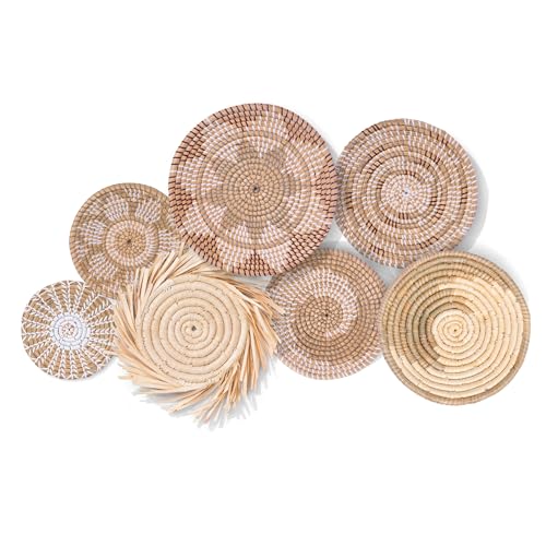 Decocoon Set of 7 Boho Wall Basket Decor - Handwoven Wicker Wall Hanging Baskets for Bohemian Home Decor | Perfect for Living Room, Bedroom, Bathroom & Nursery Wall Art
