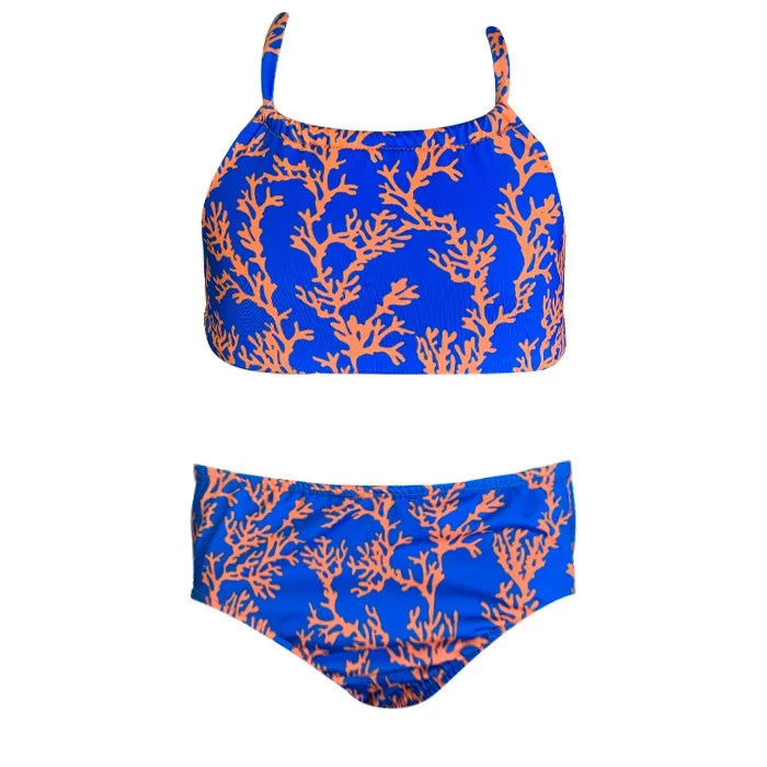 Blue Orange Sea Coral Girls Two Piece Swim Set - Cute Bikini for Toddler & Kids - Perfect for Beach, Pool & Summer Vacation