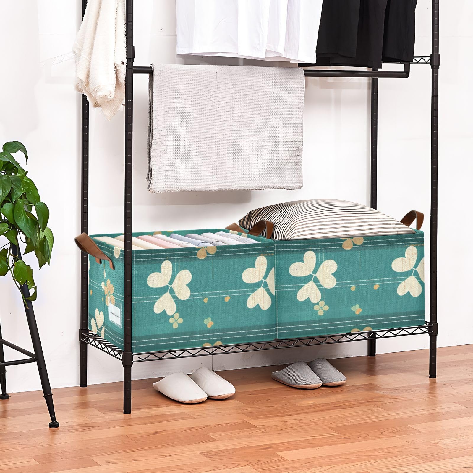 Clover Green Stripe Fabric Storage Bins with Handles - 2 Pack Cube Organizer for Shelves, Closet & Book Storage - Perfect for Home Organization, Nursery, Office & Kids Room Decor