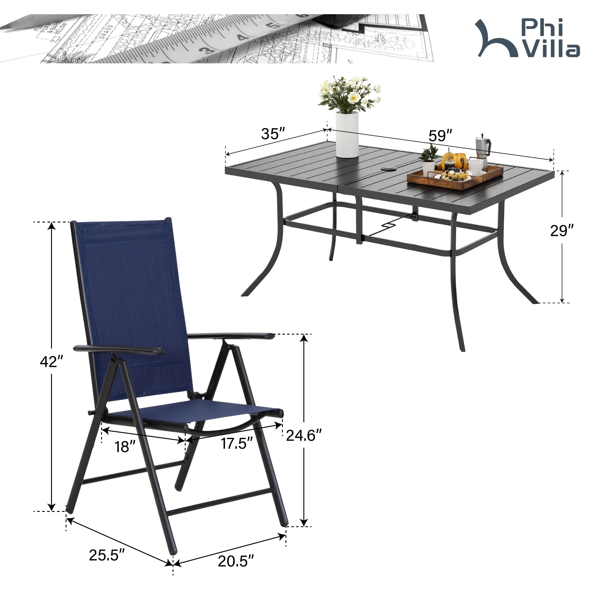 PHI VILLA 6-Piece Outdoor Patio Dining Set with Adjustable Foldable Chairs & Steel Table - Blue Garden Furniture for Backyard, Poolside & BBQ Gatherings