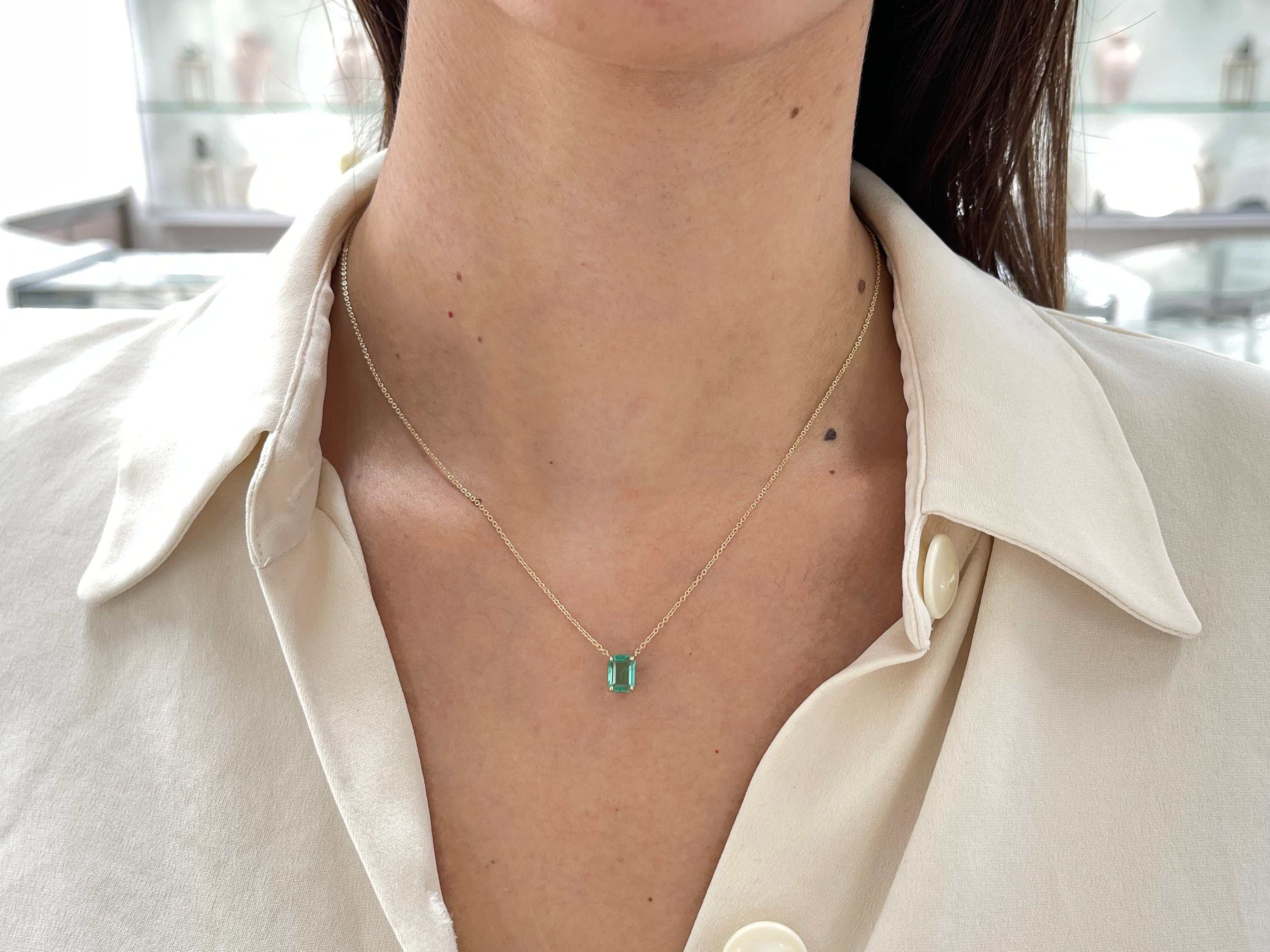 1.10 Carat Emerald North to South Stationary Necklace in 14K Gold – Elegant Jewelry for Weddings, Parties & Special Occasions