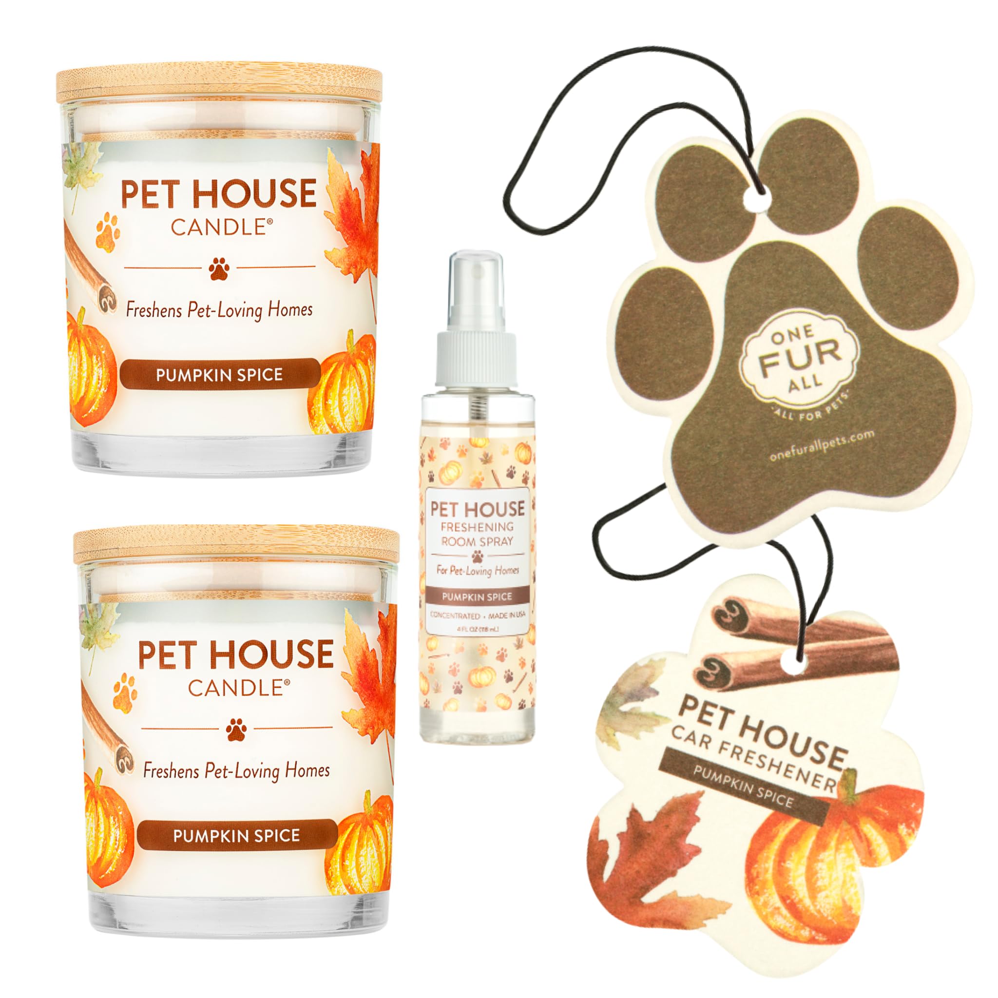 One Fur All Pet House Candle Value Pack - Soy Wax, Clean Burning Scented Candles for Home | Long Lasting Pet Odor Eliminator | Pumpkin Spice Fragrance | Perfect for Living Rooms, Bedrooms & Pet Areas