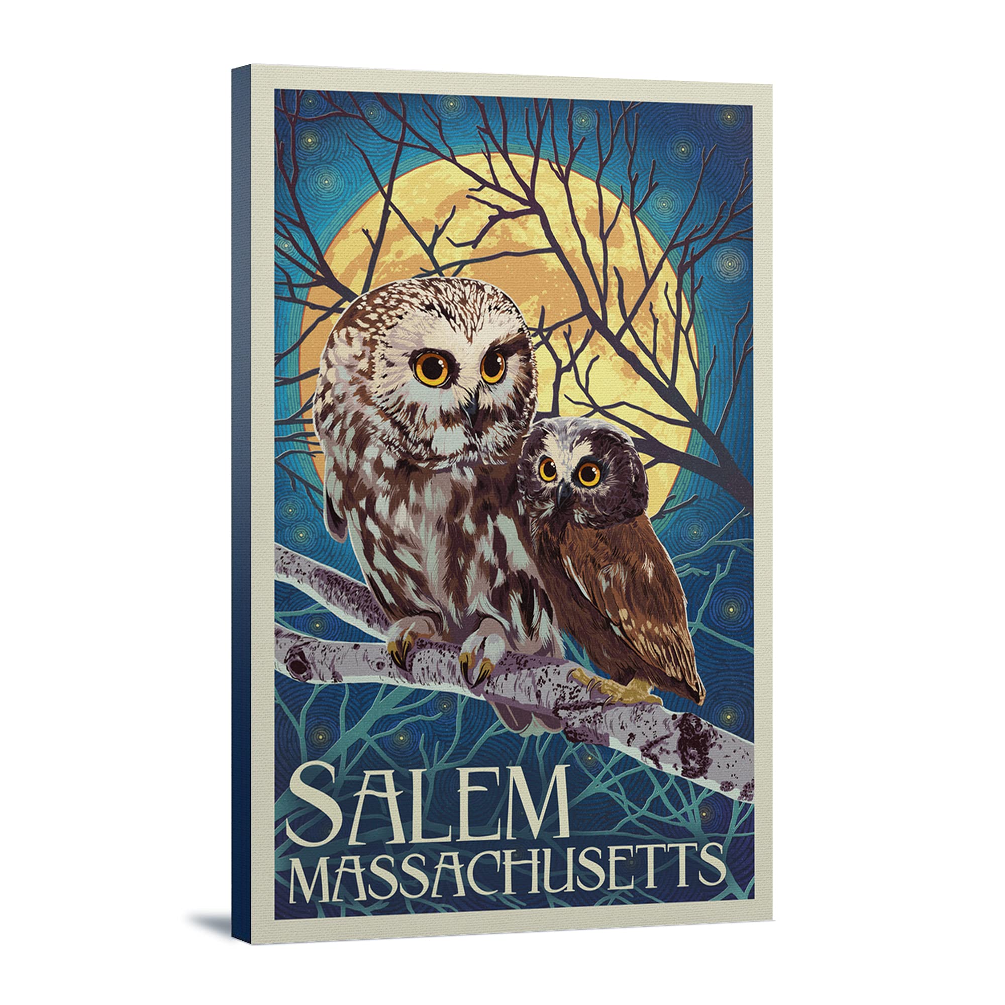 Salem Massachusetts Owl & Owlet Letterpress Art Print - 16x24 Wrapped Canvas Wall Decor for Home, Office & Gothic Style Interior Design