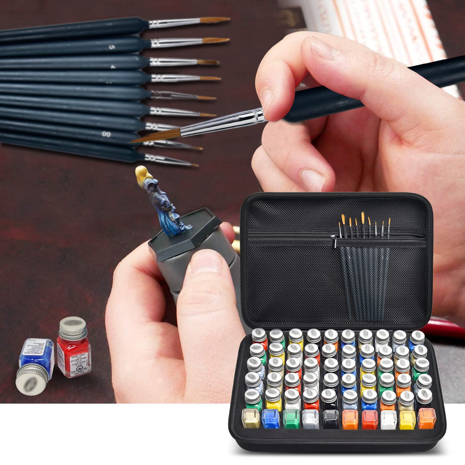 **Testors Model Paint Storage Case - 60 Bottle Organizer with 9 Fine Detail Mini Brushes | Enamel Paint Container (Black) | Perfect for Hobbyists, Artists & Miniature Painters**