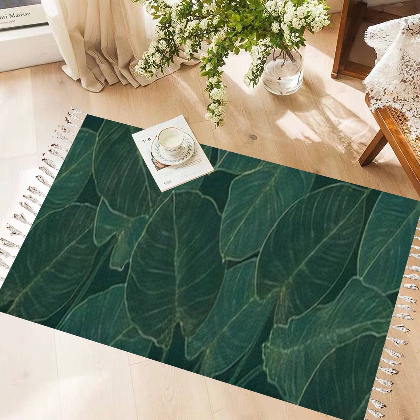 Luxury Cotton & Linen Boho Rug with Retro Tassels - Gold & Nature Green Floral Philodendron Leaf Design - Washable Woven Area Mat for Kitchen, Bathroom Decor, Living Room, Bedroom & Outdoor Use