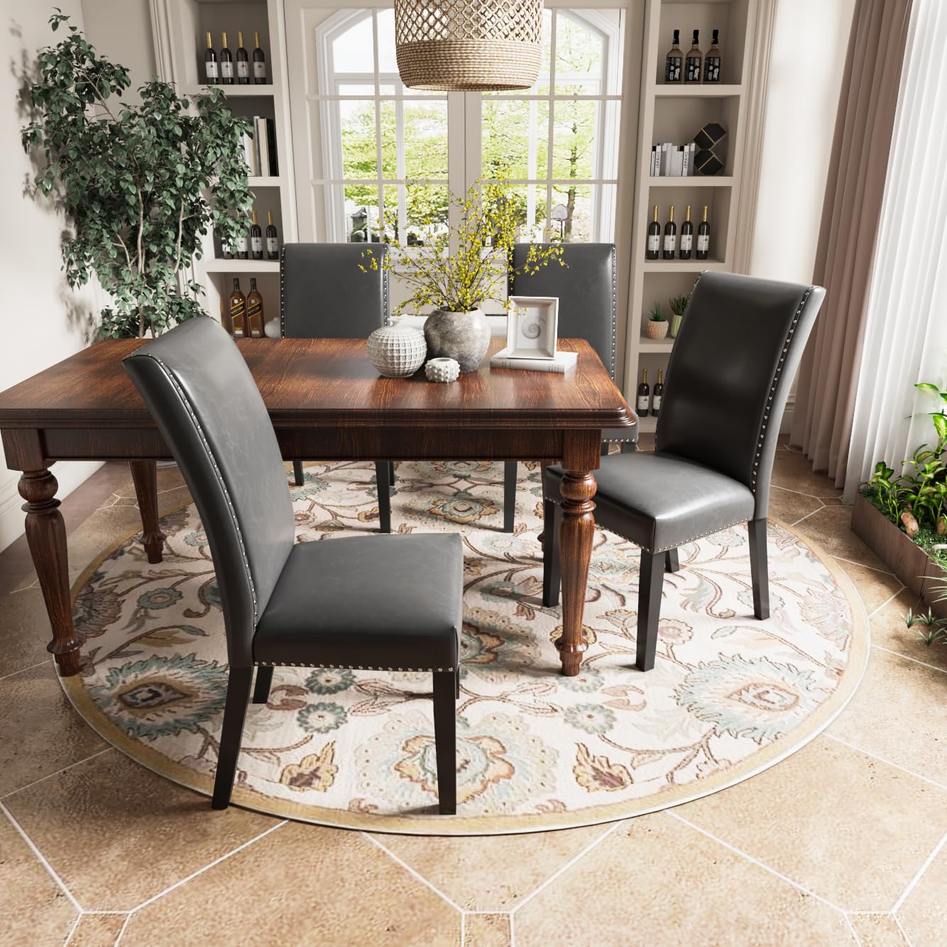 LEEMTORIG Set of 2 Upholstered Parsons Dining Chairs - Faux Leather Kitchen Side Chairs with Nail-Head Trim - Modern Space Grey Dining Room Chairs for Kitchen, Living Room, Bedroom, Cafe & Outdoor Lounge - Perfect for Home Decor & Guest Seating CY-1122-GY