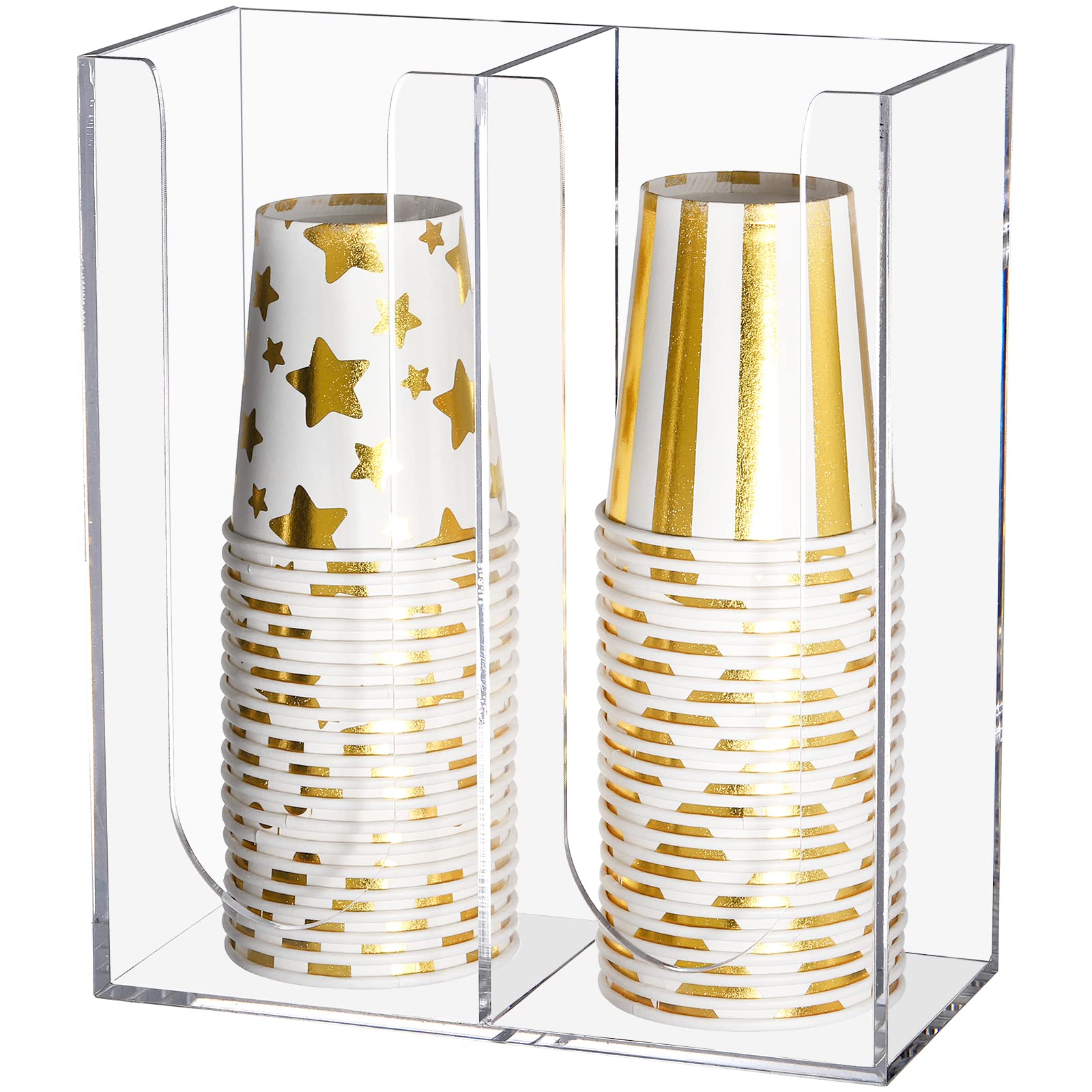 Suwimut Clear Acrylic Coffee Cup and Lid Storage Organizer - 2 Compartment Disposable Paper Cup Dispenser for Kitchen Countertop & Coffee Bar | Perfect for Organizing Cups, Lids, and Accessories in Cafes, Offices, and Home Kitchens