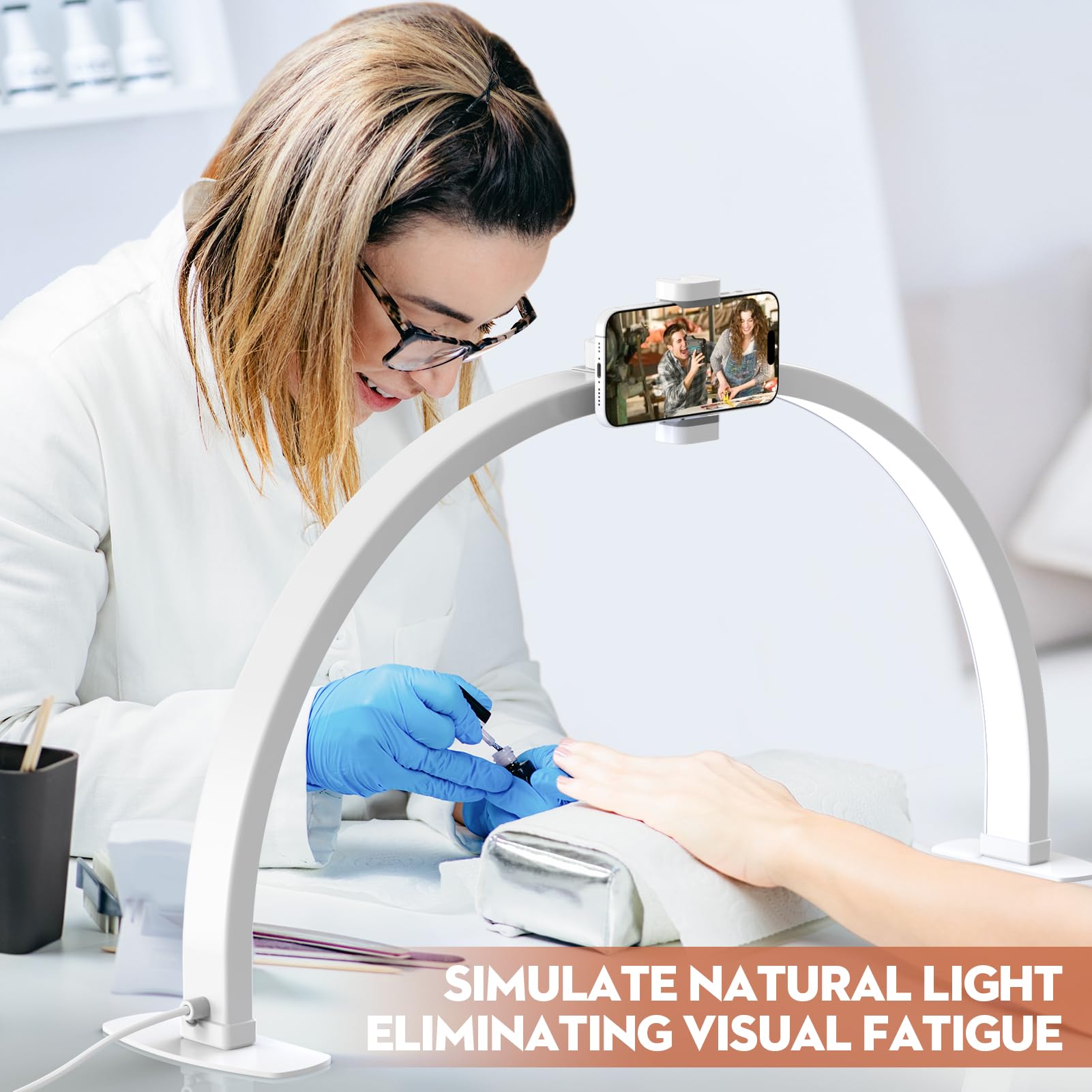 Premium Large Half Moon LED Nail Lamp - Foldable Arch Light with Phone Stand for Manicure & Pedicure | Professional Nail Tech Lighting for Salon, Home & Mobile Use (White, Large)