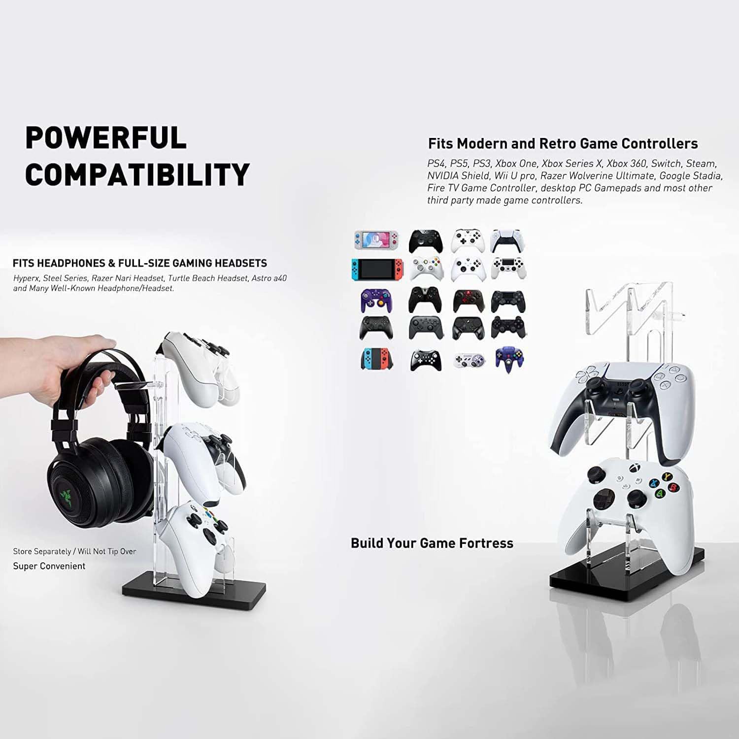 Premium 3-Tier Gaming Controller Holder & Headset Stand - Compatible with PS5, PS4, Xbox One, Nintendo Switch & Steam - Organize Your Gaming Setup - Perfect for Gaming Rooms, Bedrooms & Streamer Stations