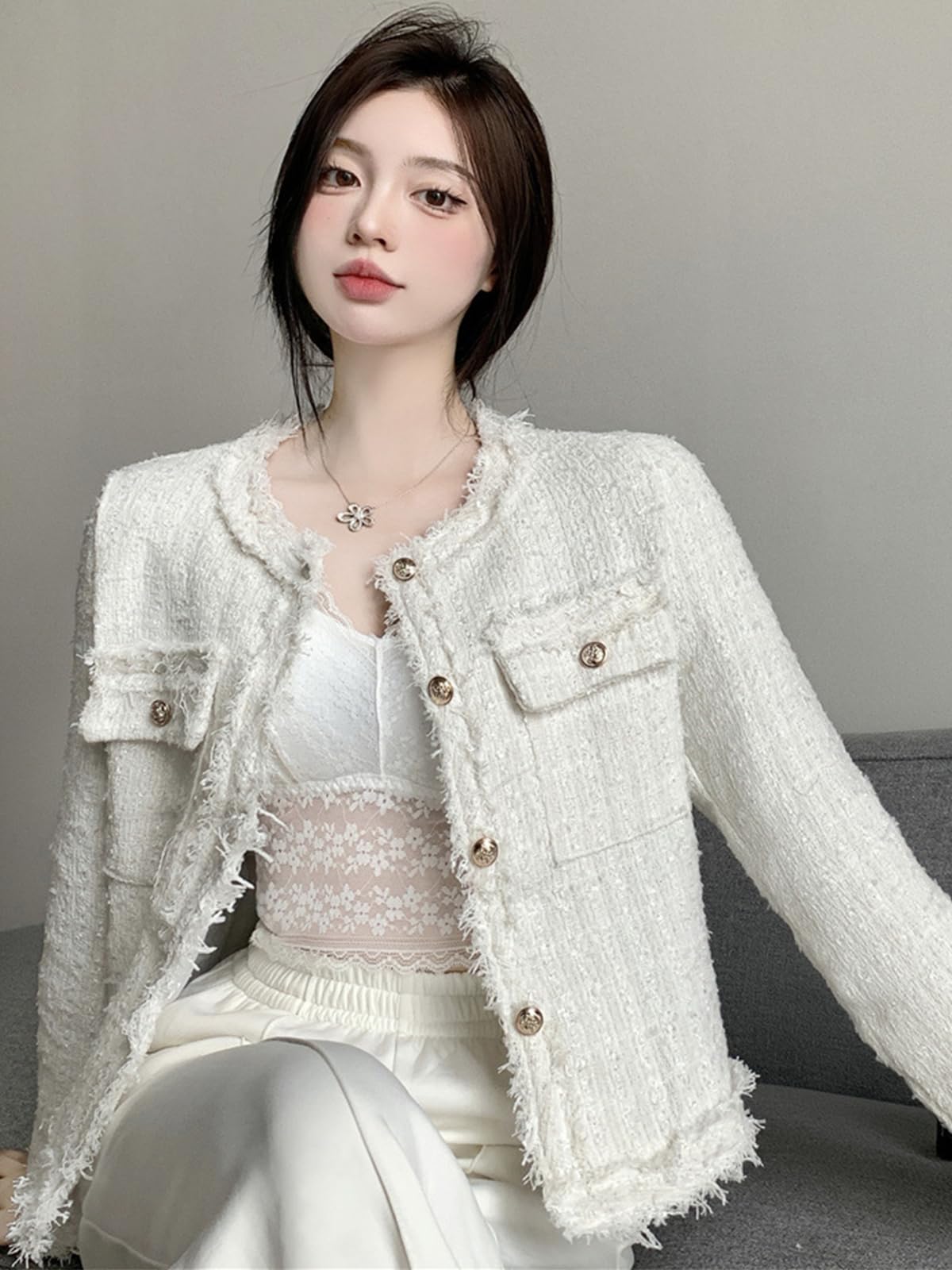 Elegant Women's Plaid Tweed Blazer - Long Sleeve Cropped Jacket for Office Work | Open Front Design, Professional Business Attire, Perfect for Meetings, Interviews and Corporate Events