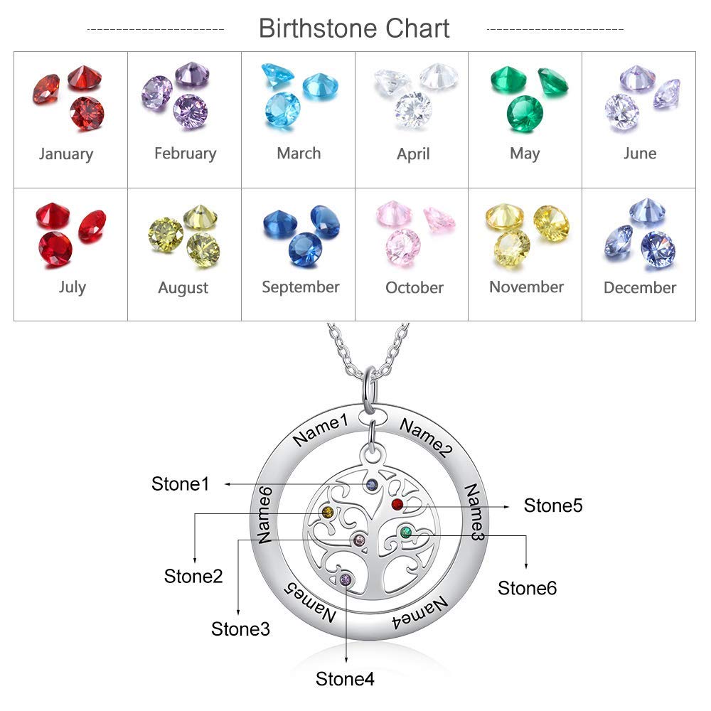 Personalized Tree of Life Necklace for Women - Custom Mother's Pendant with 6 Simulated Birthstones & Engraved Names - Unique Gift for Mom, Grandmother, Wife - Perfect for Mother's Day, Birthday, Anniversary & Family Celebrations