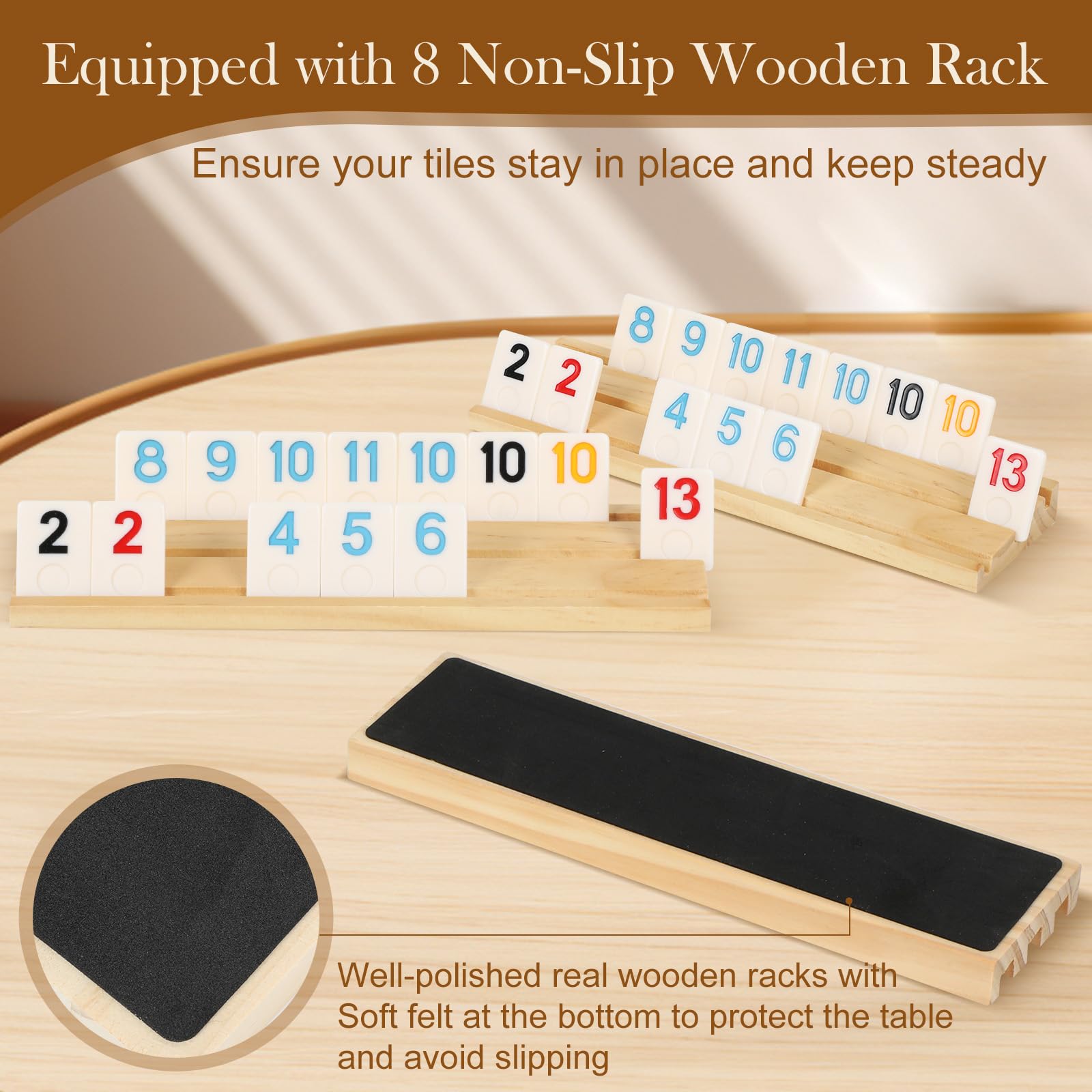 Premium 8 Players Rummy Tile Game Set - 214 Durable Melamine Tiles with 8 Wooden Racks & Drawstring Bag - Portable Travel Board Game for Adults - Perfect for Family Game Nights, Parties, Camping & Easter Gifts (Men, Women, Dad, Mom)