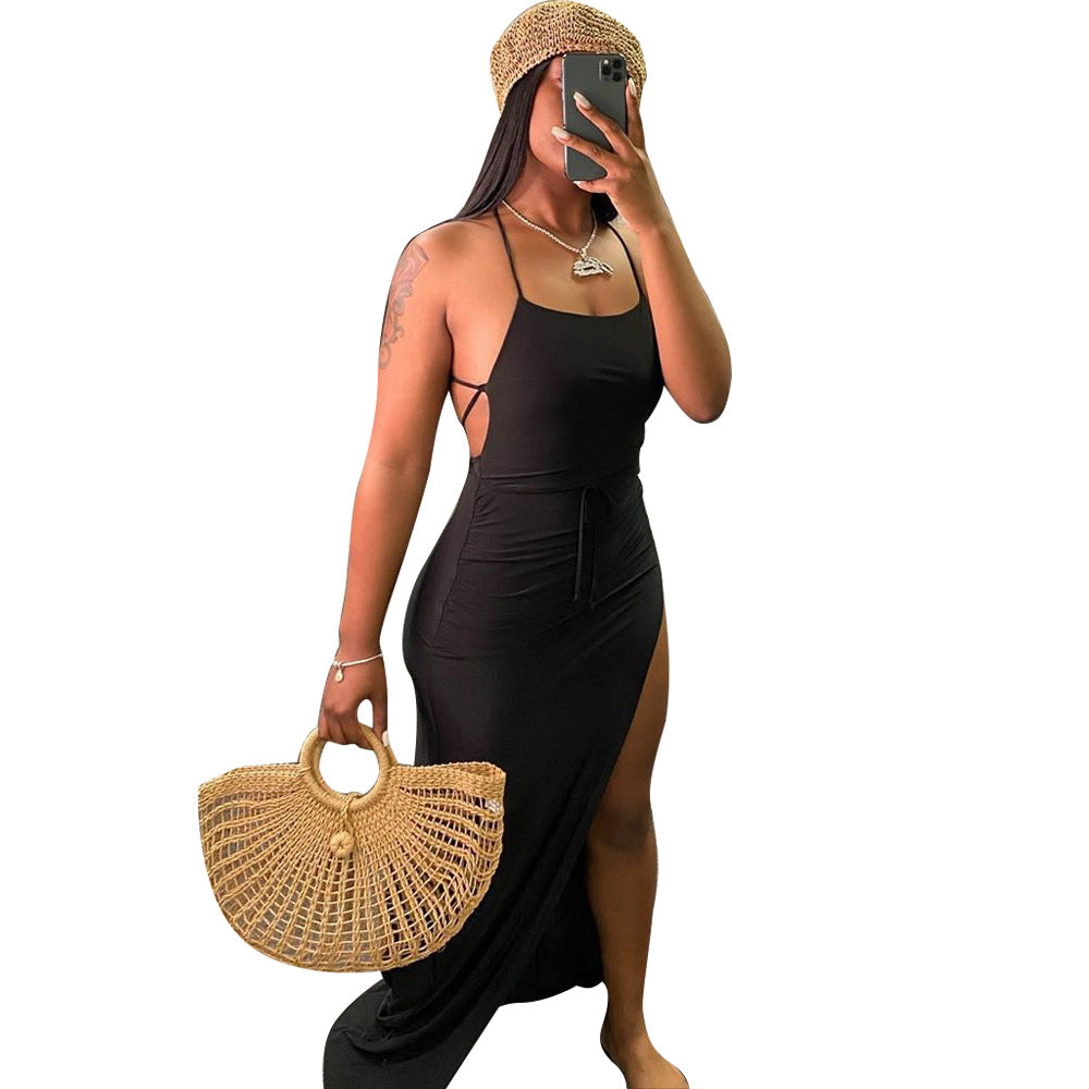 ANJAMANOR Black Asymmetric Backless High Slit Maxi Dress for Women - Sexy Club Outfits, Vacation & Beach Wear - Perfect for Night Out, Party, Summer Vacation and Beach Getaways