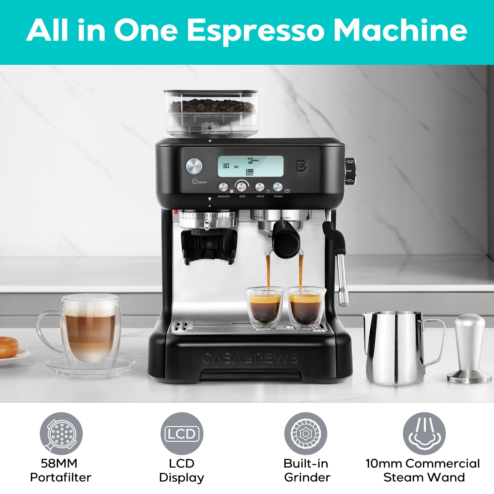 CASABREWS 5700Pro Professional Espresso Machine with Built-in Grinder & Milk Frother - Barista Grade Coffee Maker for Latte, Cappuccino - LCD Display Home Coffee Machine (Black) - Perfect for Home Baristas, Coffee Lovers & Family Gifts