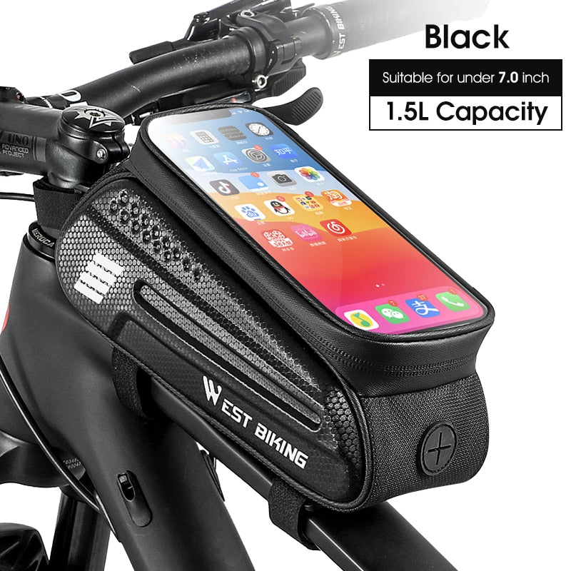 Waterproof MTB Bike Frame Bag - Front Top Tube Bicycle Phone Pouch for 6-7.2 Inch Touch Screen Devices | Cycling Accessories for Mountain & Road Bikes | Perfect for Commuting, Trail Riding & Outdoor Adventures