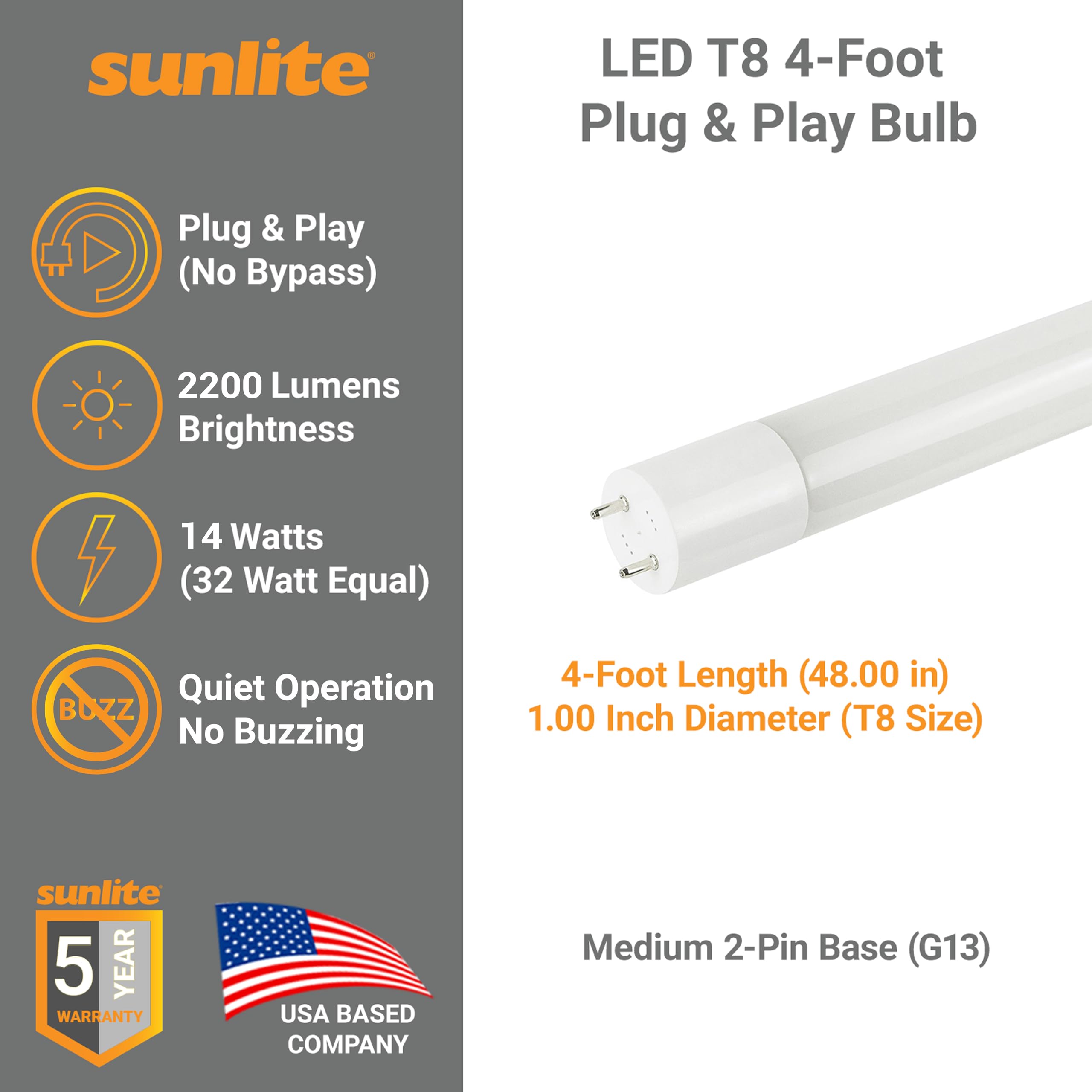 Sunlite 87925 LED T8 Tube Light - 4ft, 14W (32W Equivalent), 2200 Lumens, 3000K Warm White, Medium G13 Bi-Pin Base, Plug & Play (Type A), Electronic Ballast Compatible, 25 Pack - Perfect for Office, Warehouse, and Retail Lighting