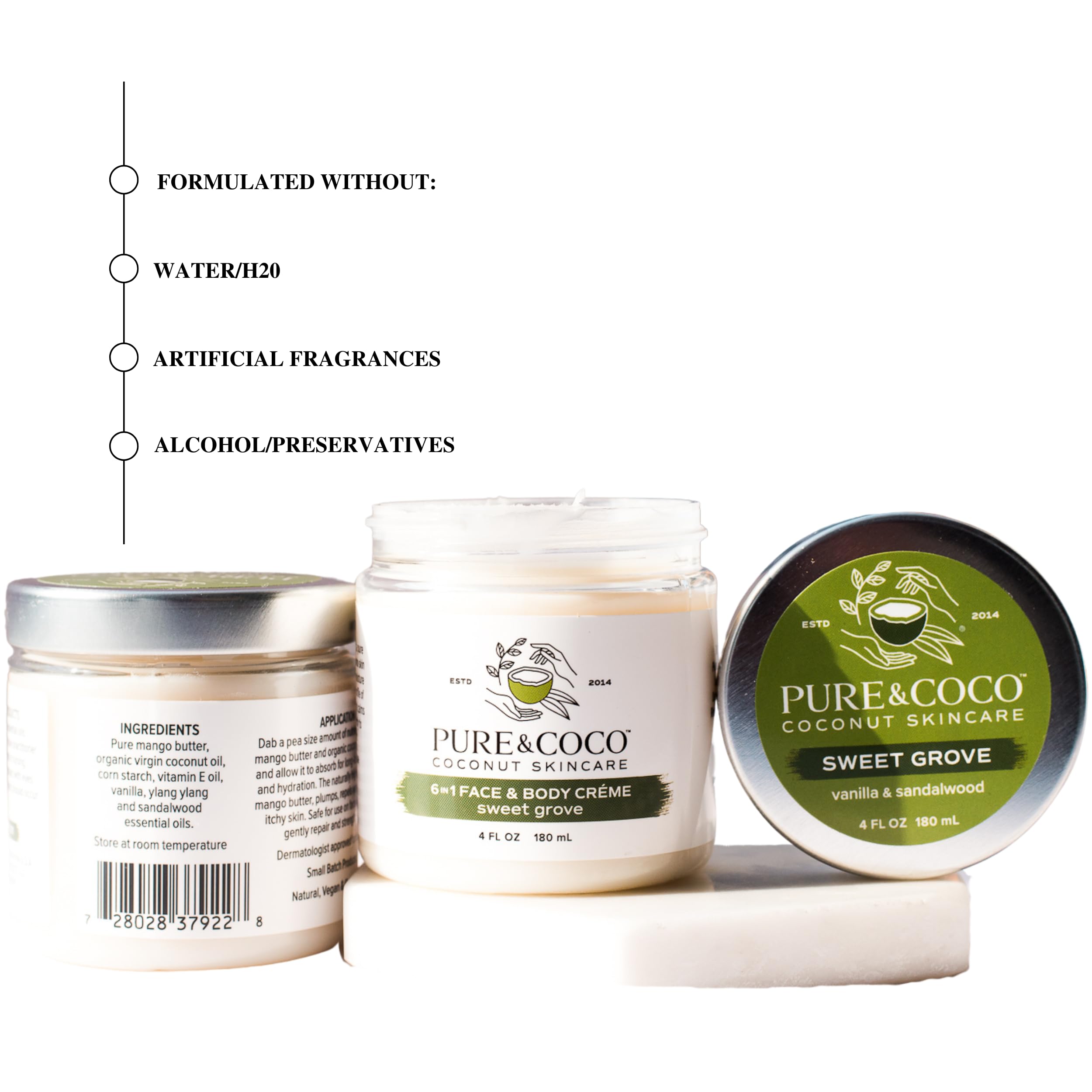 PURE & COCO: Sweet Grove 6-in-1 Face & Body Cream for Dry, Eczema & Anti-Aging Skin | Mango Butter, Organic Virgin Coconut Oil, Vitamin E for Skin Barrier Protection | Set of 2 (4 oz Jars) | Perfect for Daily Moisturizing, Night Care & Sensitive Skin Relief