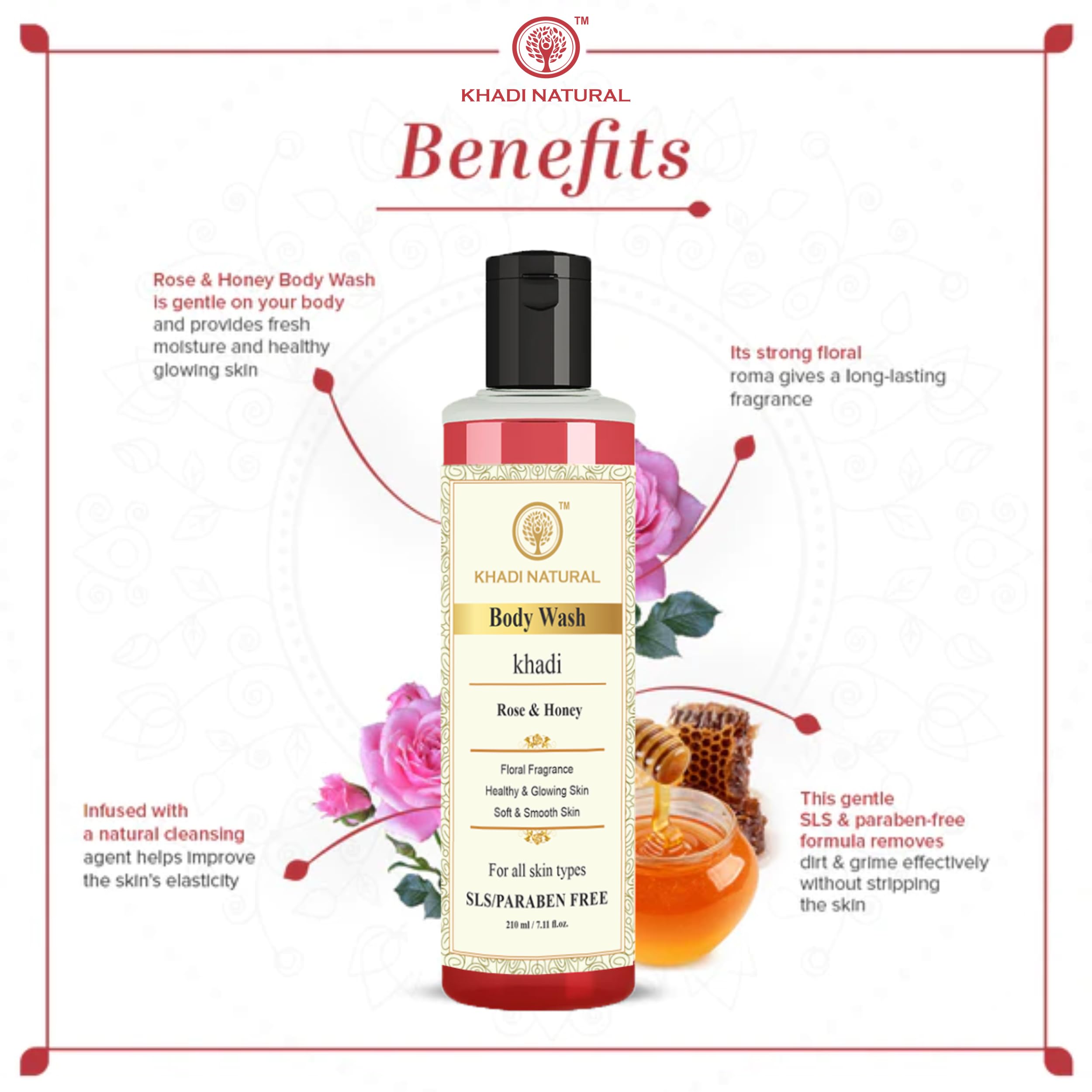 Khadi Natural Rose & Honey Body Wash - SLS & Paraben Free, 210ml (Pack of 2) | Moisturizing & Gentle Cleansing for Dry & Sensitive Skin | Perfect for Daily Shower & Spa Relaxation at Home