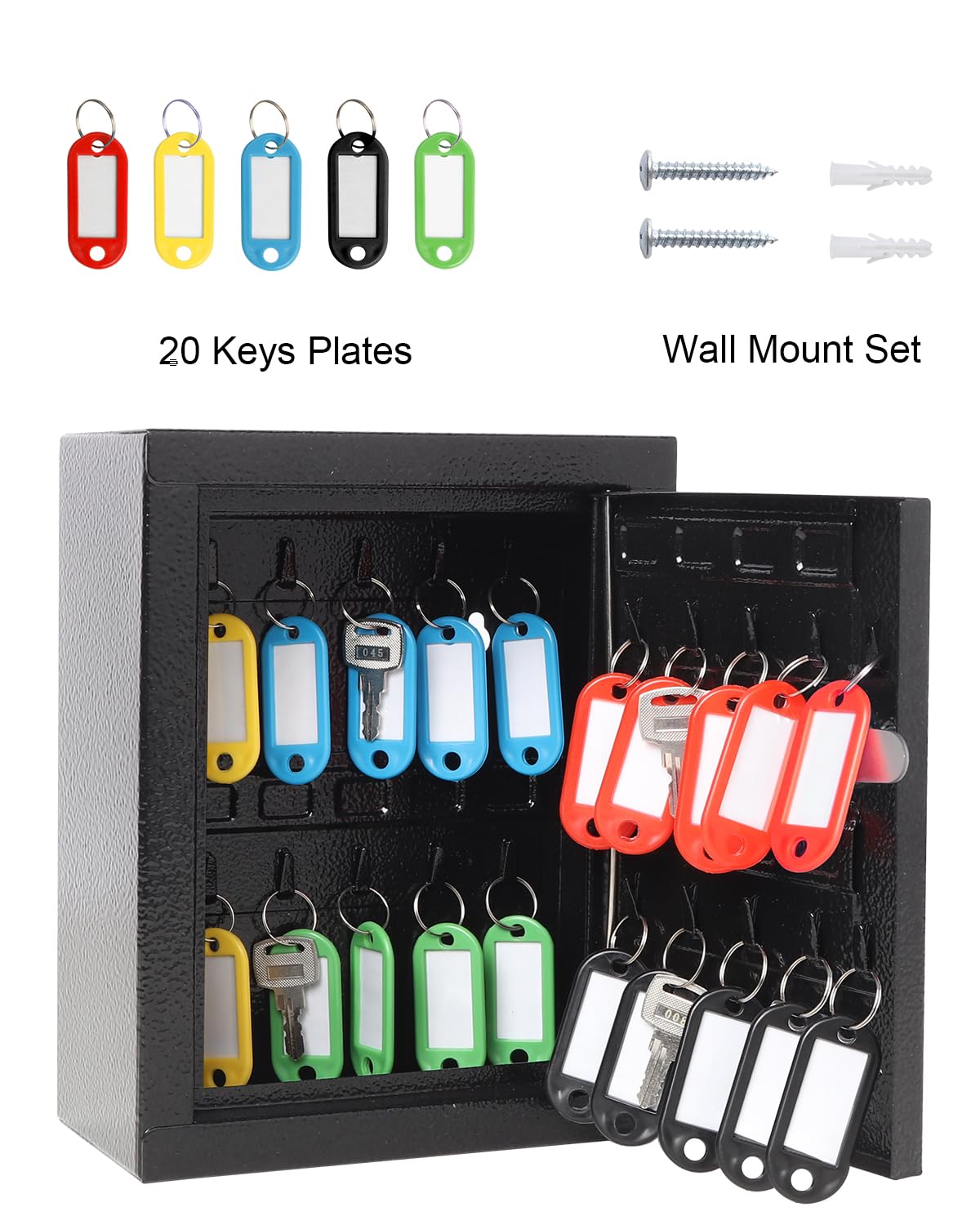 20 Hook Wall Mount Key Cabinet - Secure Key Organizer Box with Lock for Home, Office & Hotel Use - Black