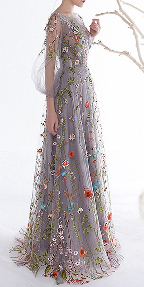 Honeydress Women's Floral Embroidered Long Sleeve Maxi Dress - Elegant Prom Gown in Multicolor | Perfect for Weddings, Parties & Special Occasions