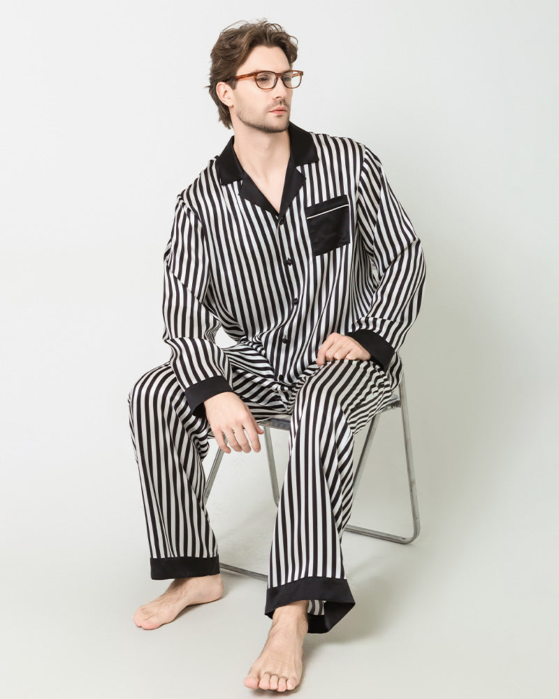 Premium Silk Men's Black & White Striped Pajama Set - Soft Breathable Sleepwear for Lounge & Relaxation at Home