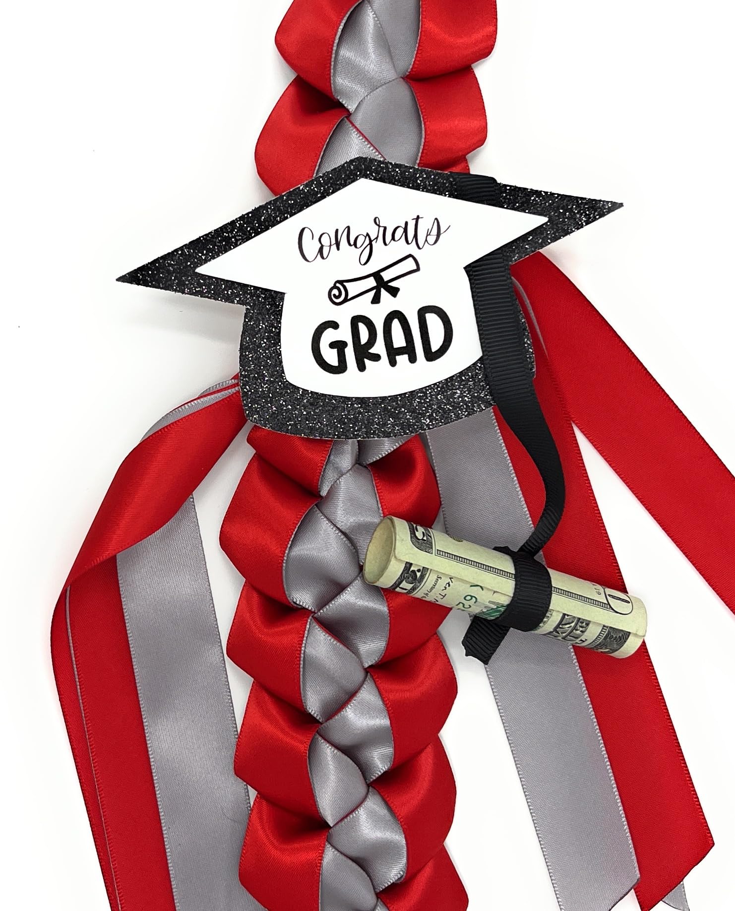 Graduation Money Leis with Holder - Red & Silver Hawaiian Style for Graduation Parties, Gifts & Celebrations