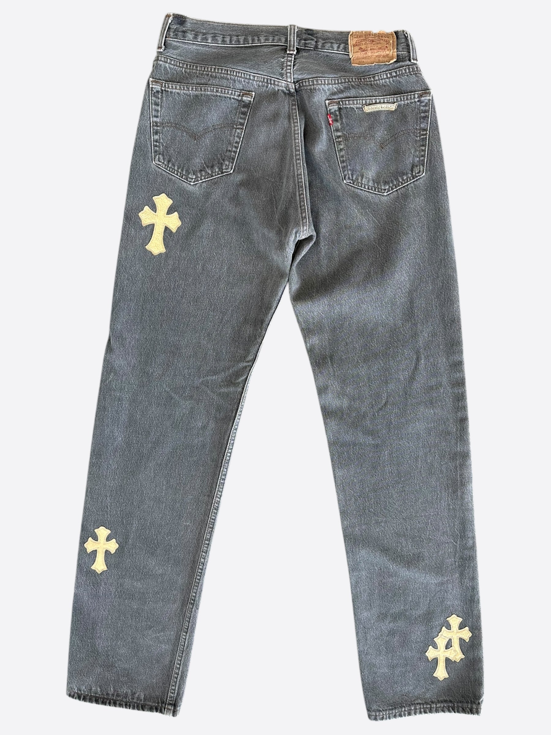 Chrome Hearts x Levi's Grey & Gold Cross Patch Distressed Denim Jeans - Stylish Vintage Look for Casual Wear & Street Fashion