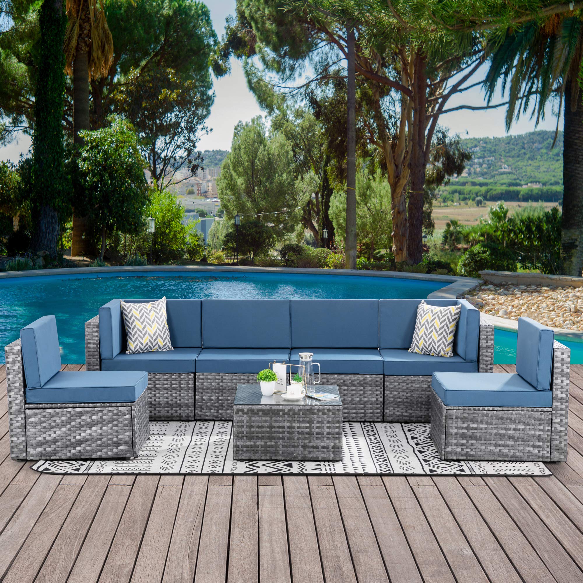 Walsunny 7-Piece Outdoor Patio Sectional Furniture Set - Light Gray Rattan Wicker Sofa Couch with Aegean Blue Cushions for Backyard, Garden & Poolside Relaxation