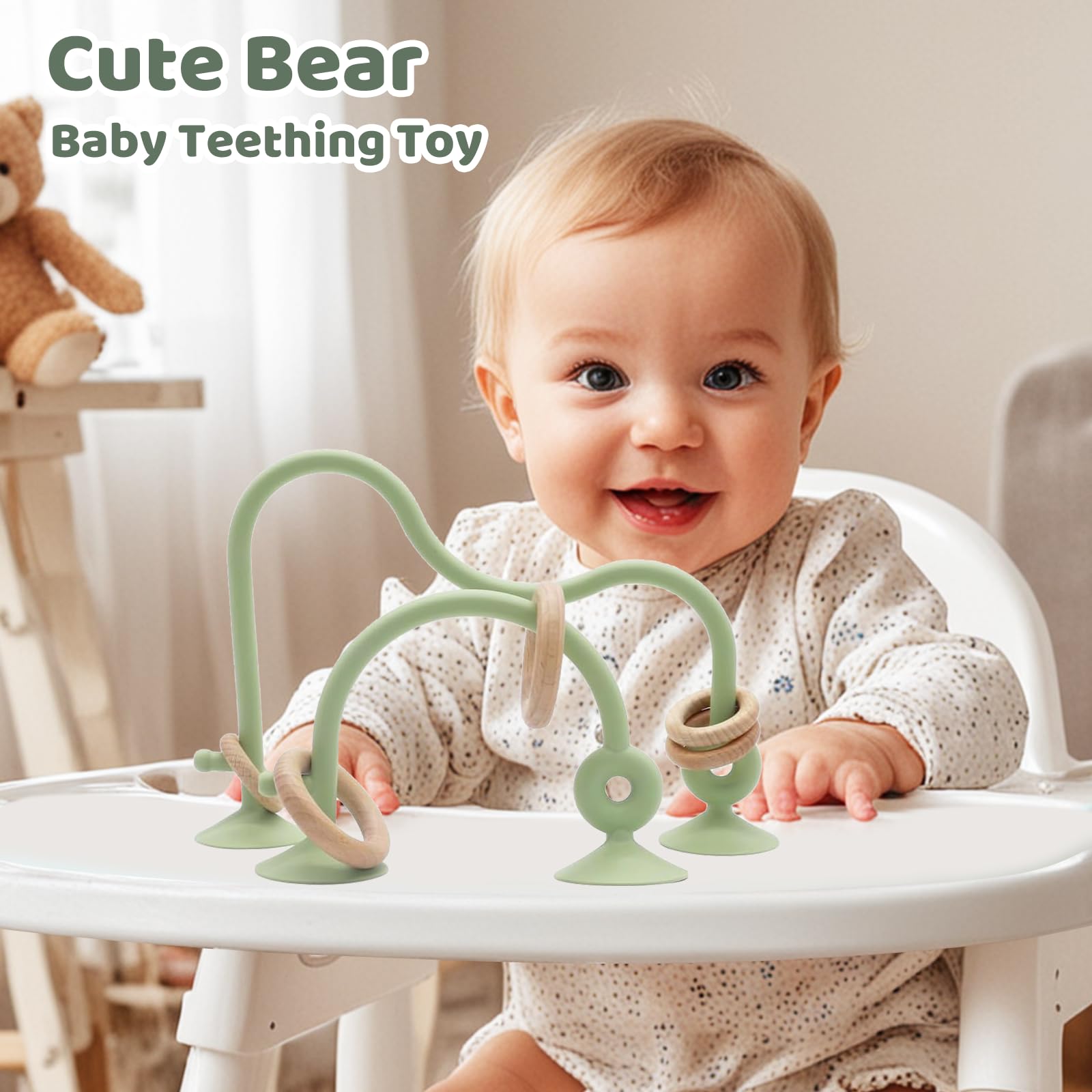 Baby High Chair Toys & Teething Chew - Safe Silicone Teethers for 6-18 Months | Food Grade, BPA-Free Suction Toy for High Chair & Table Play | Green & Yellow | Perfect for Mealtime & On-the-Go Soothing