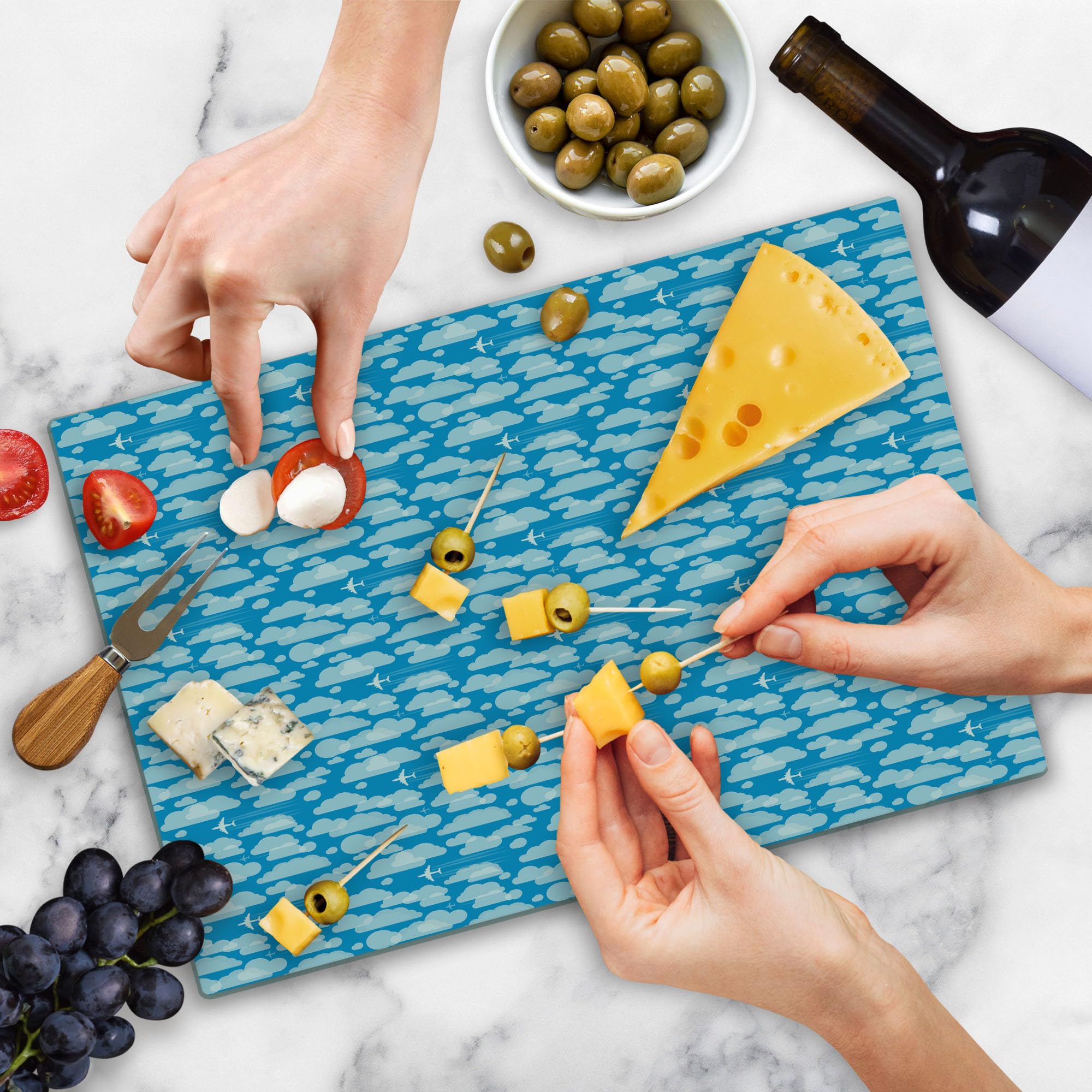 Ambesonne Blue Sky Tempered Glass Cutting Board - Airplane Flying Through Clouds Design - Large Decorative Serving Board for Kitchen & Dining - Perfect for Cheese, Charcuterie & Party Platters