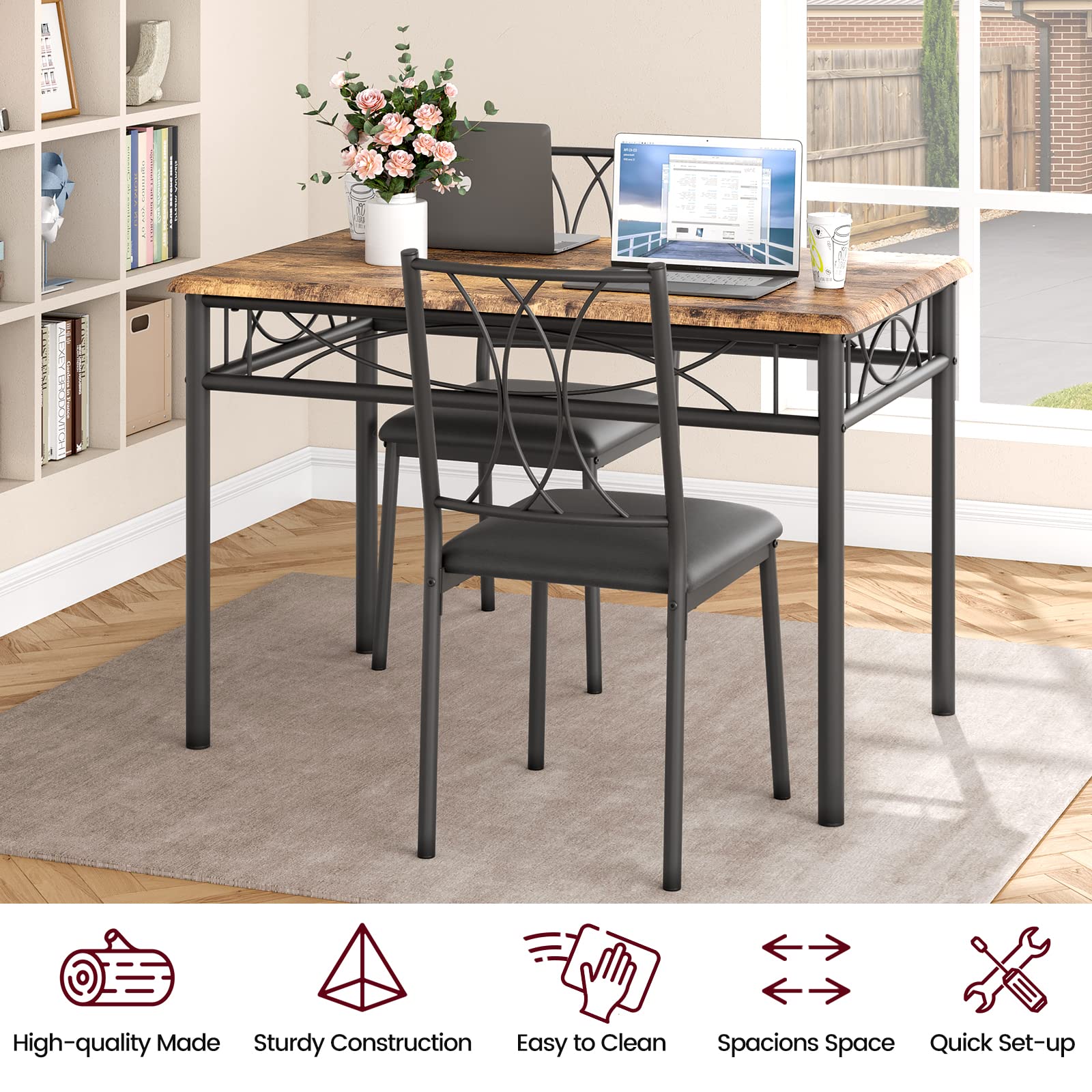 5-Piece Retro Brown Dining Table Set for 4 - Rectangular Kitchen Table with Upholstered Chairs - Perfect for Small Spaces & Apartments | Ideal for Family Meals, Breakfast Nooks & Compact Dining Areas